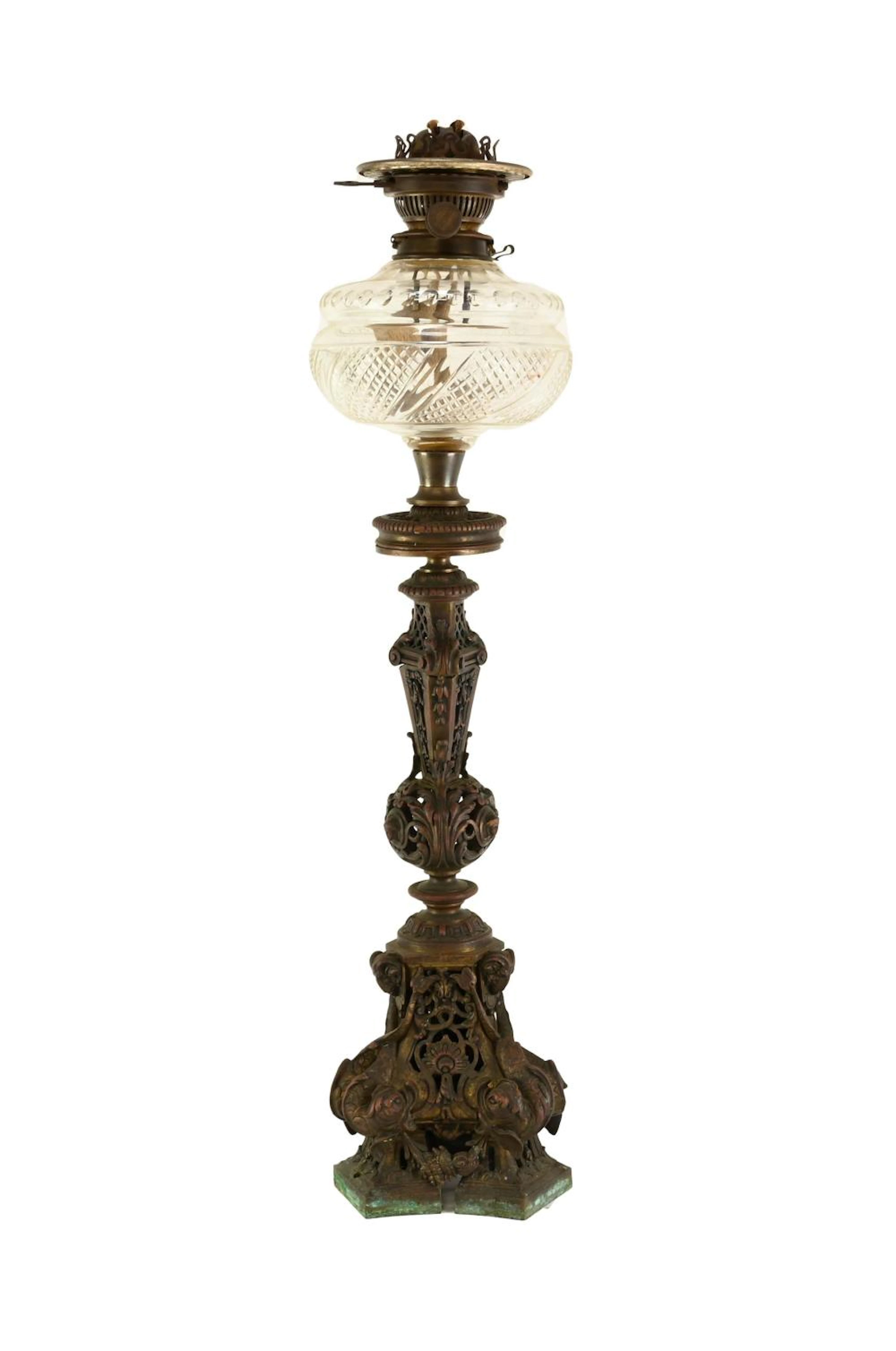 Victorian Cast Bronze Cut Glass Banquet Size Lamp