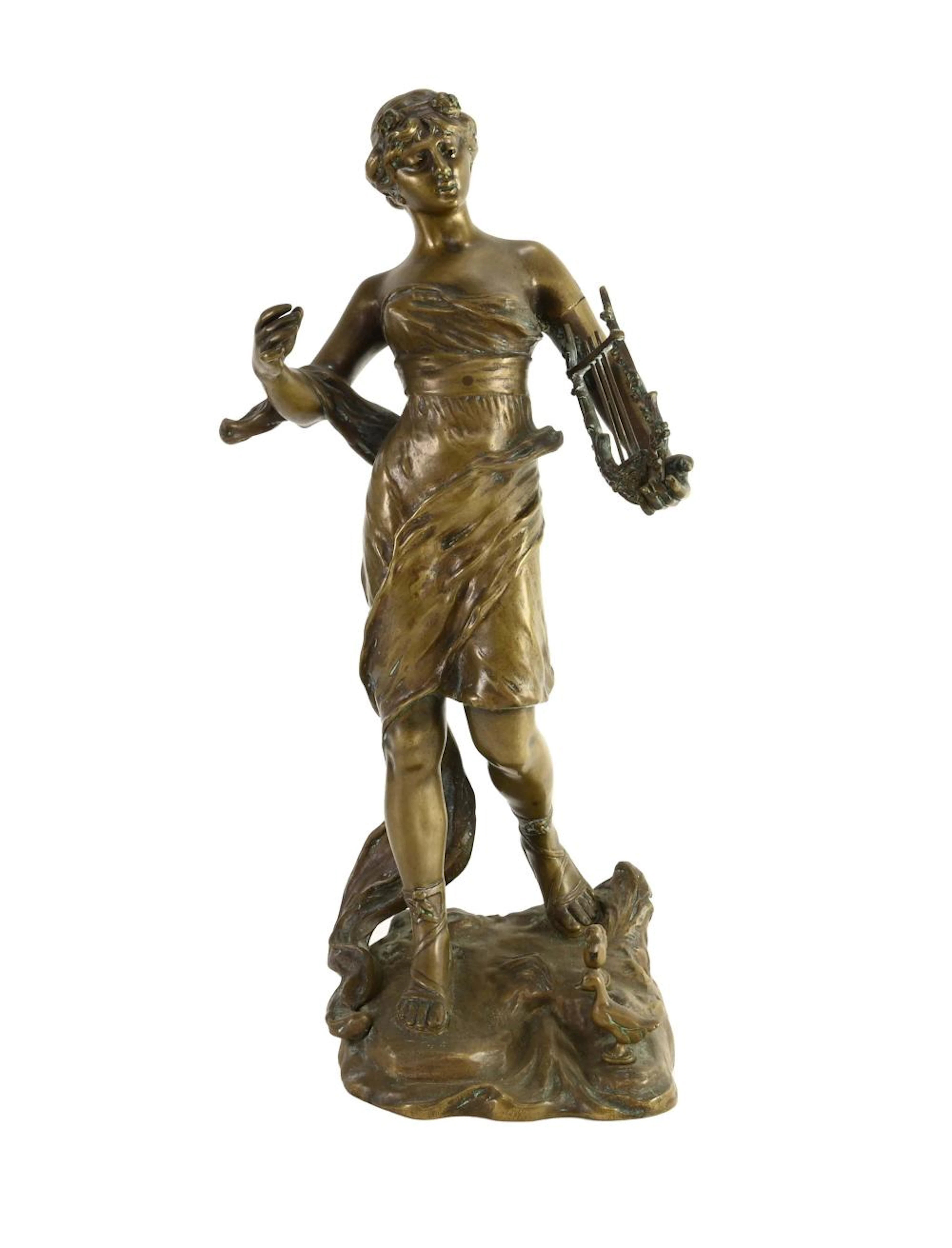Henri Fugere French Artist Bronze Muse Lyre