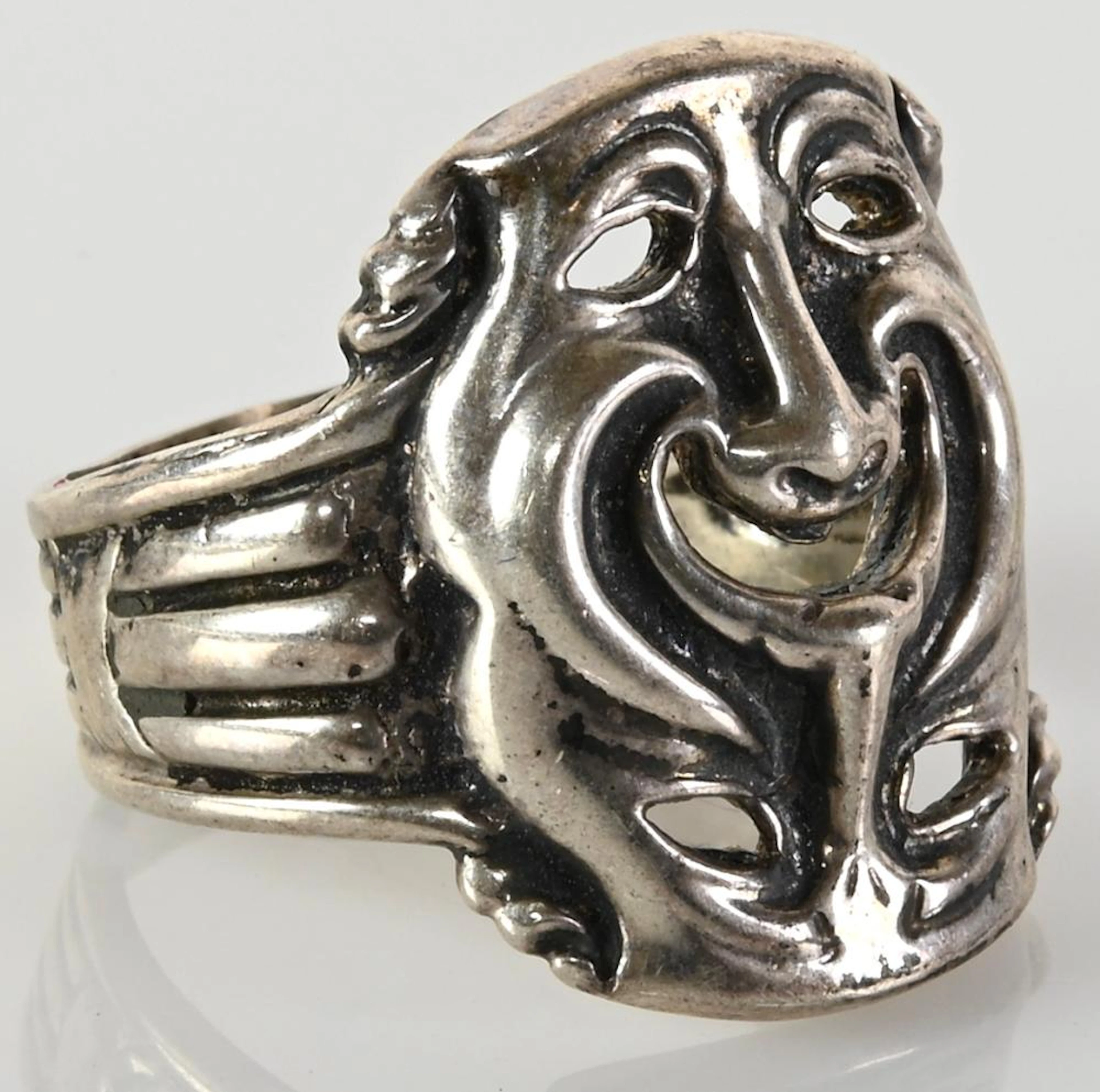 Vintage Silver Tragedy Comedy Mask Jewelry Ring