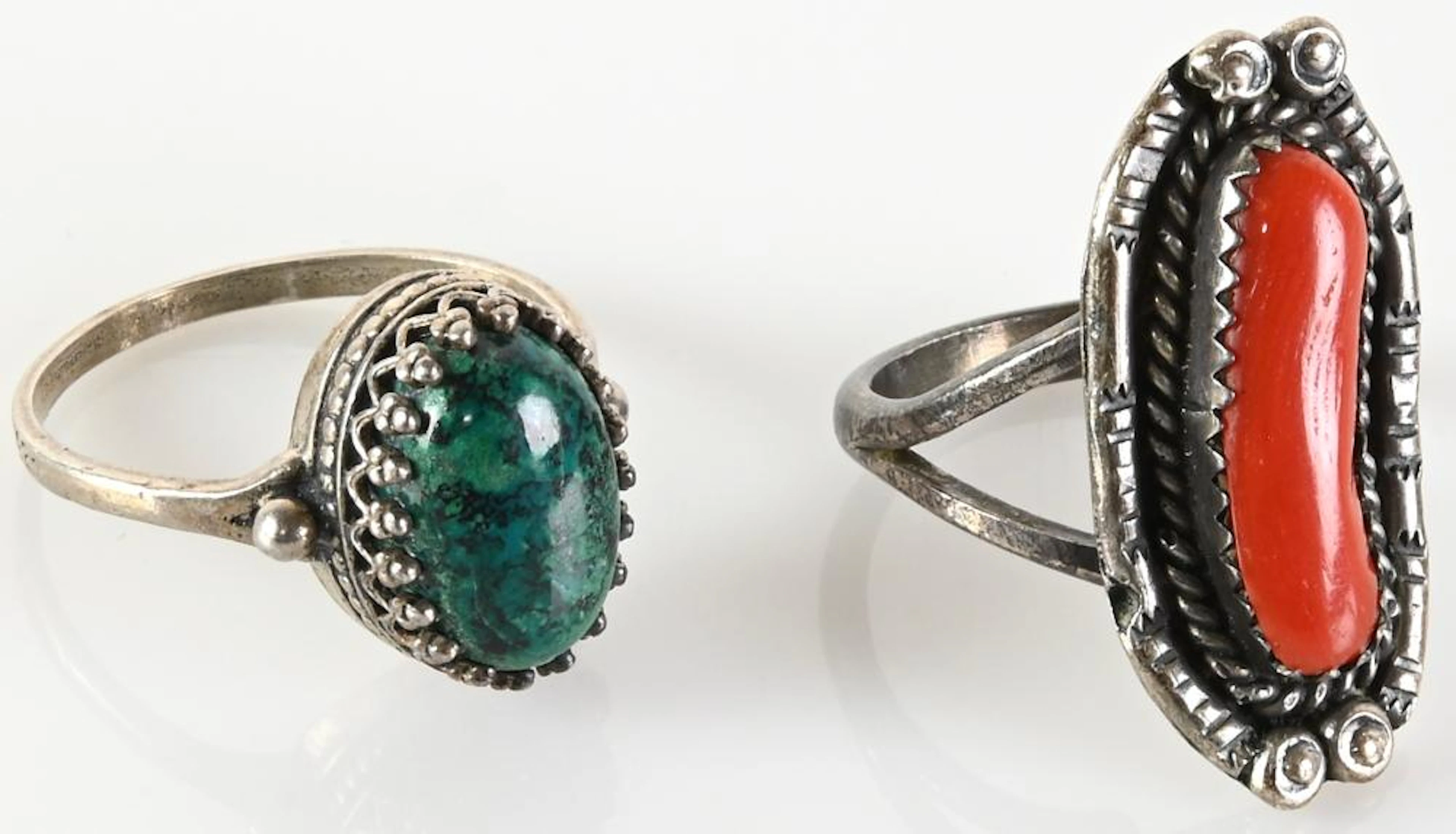 Vintage Silver, Coral, and Green Stone Jewelry Rings