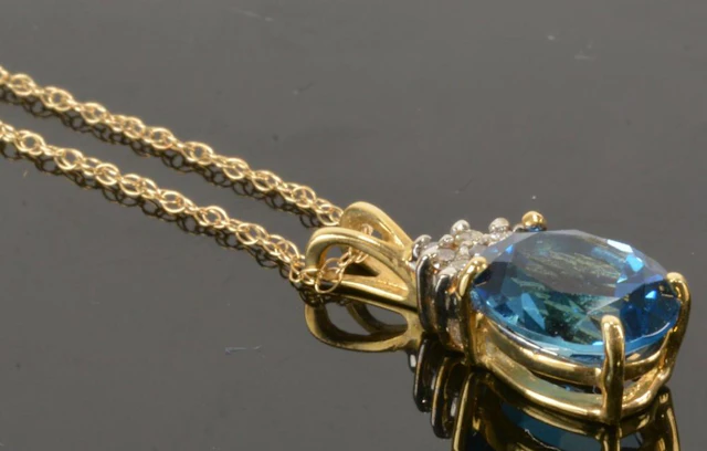 Vintage 14K Gold Blue Topaz And Diamond Necklace