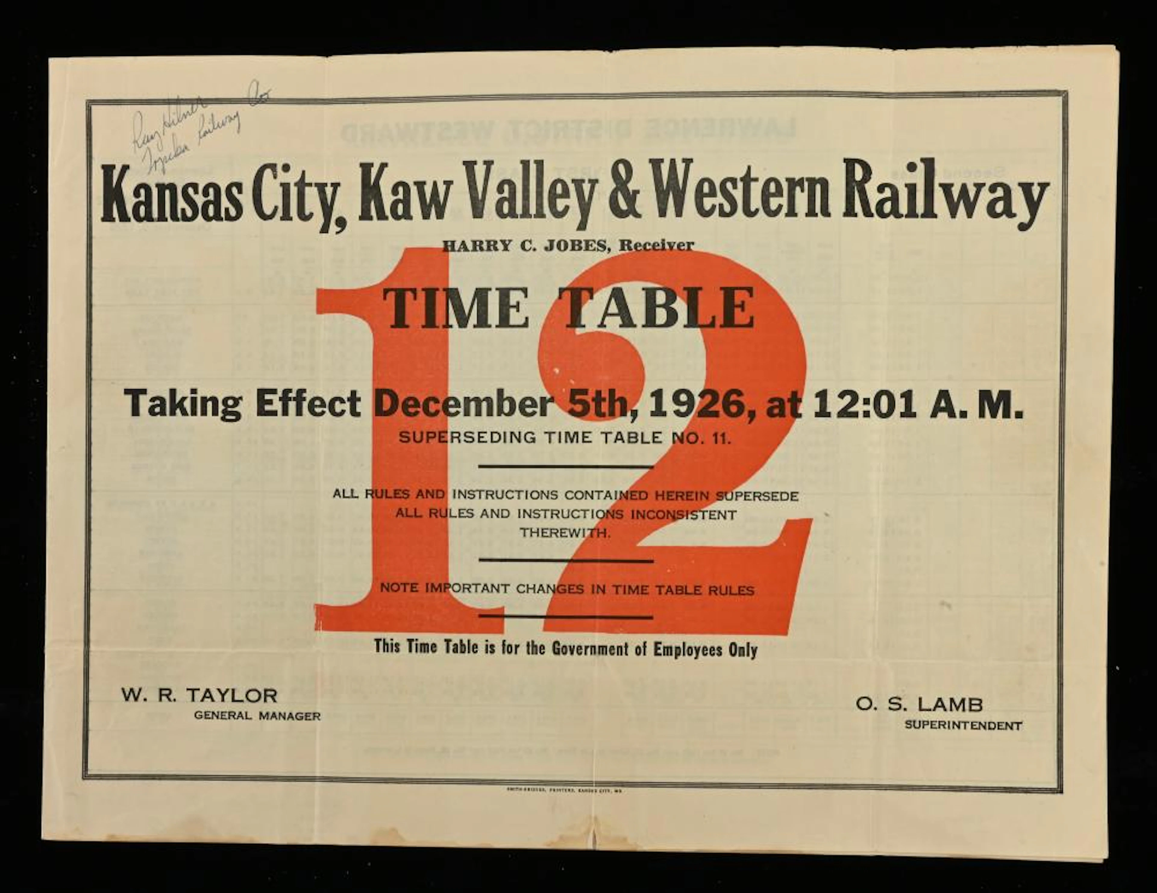 Kansas City Kaw Valley Western Railway Time Table No. 12