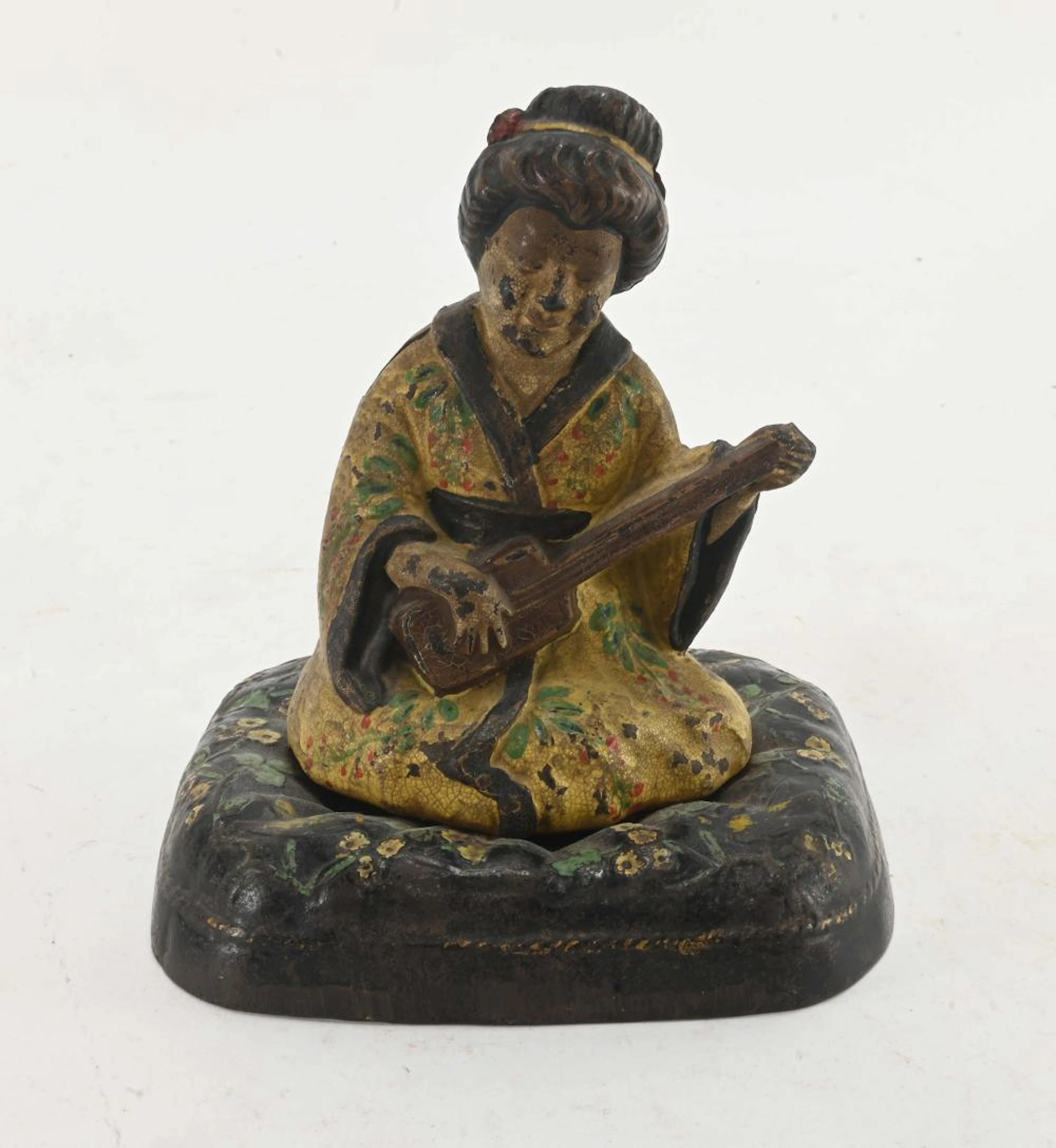 Antique Figural Seated Asian Playing Guitar Cast Iron Still Coin Bank