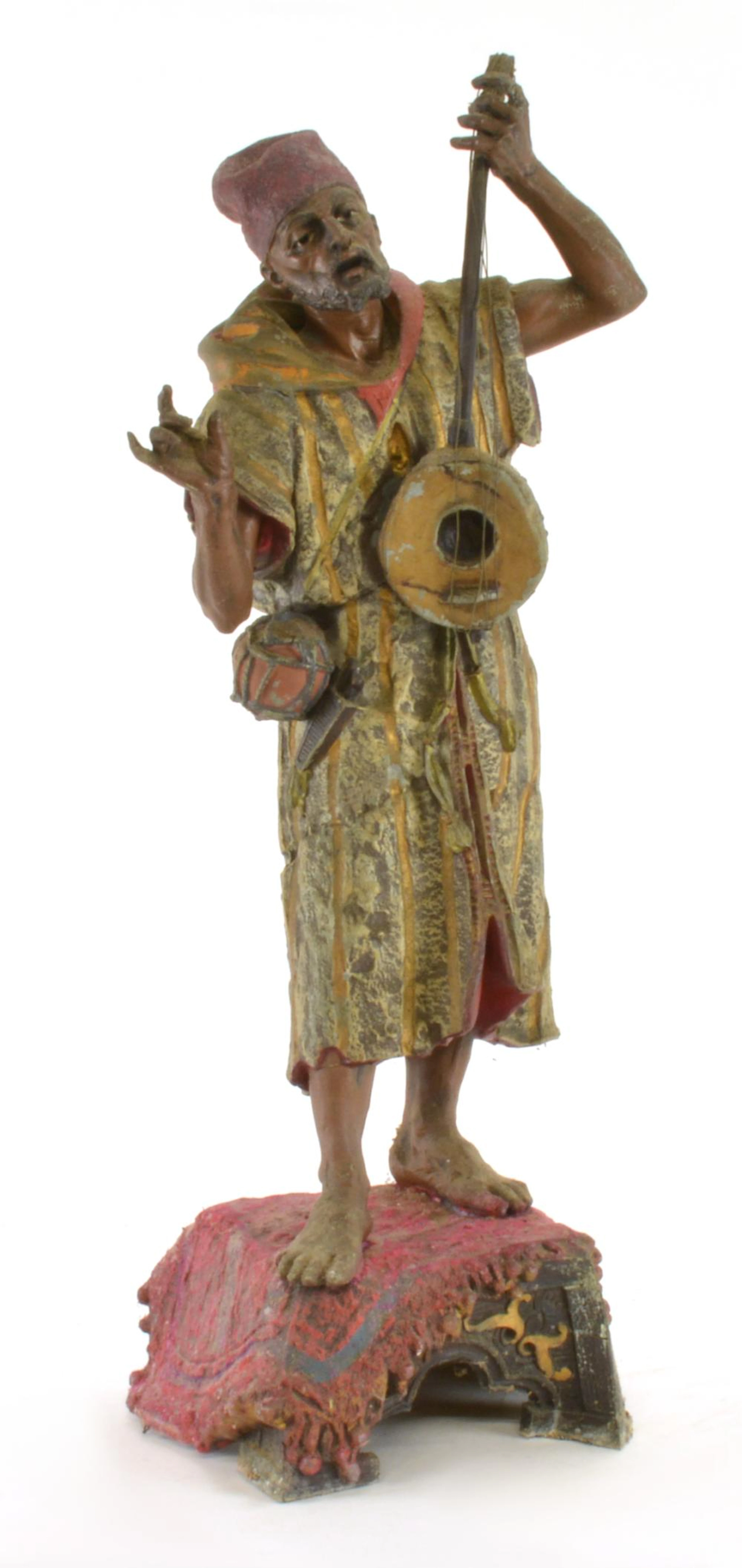 Antique Painted Spelter Statue Arab Musician Standing On Rug
