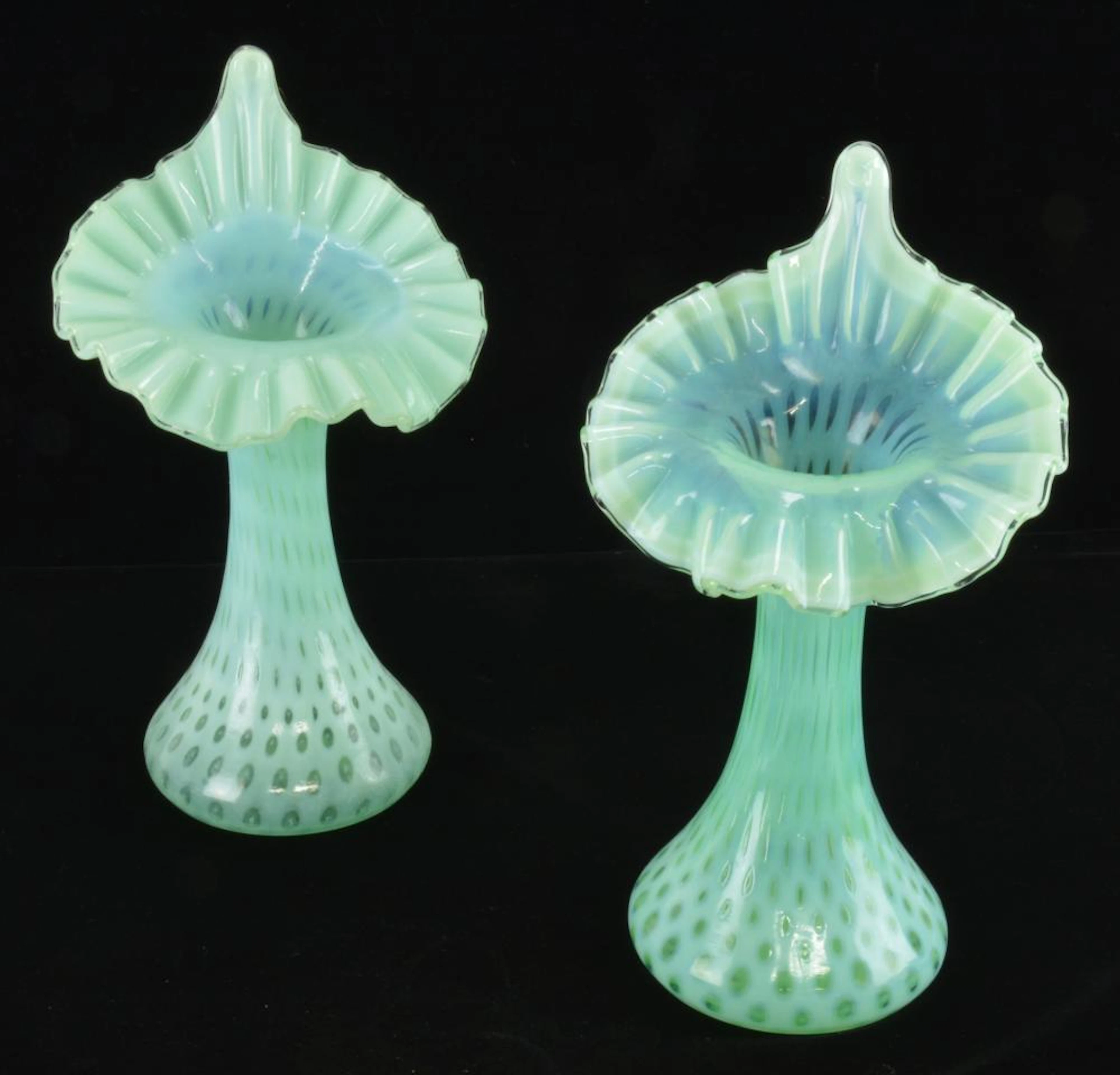 Fenton Art Glass Tiny Dot Optic Green Opalescent Jack In Pulpit Vases