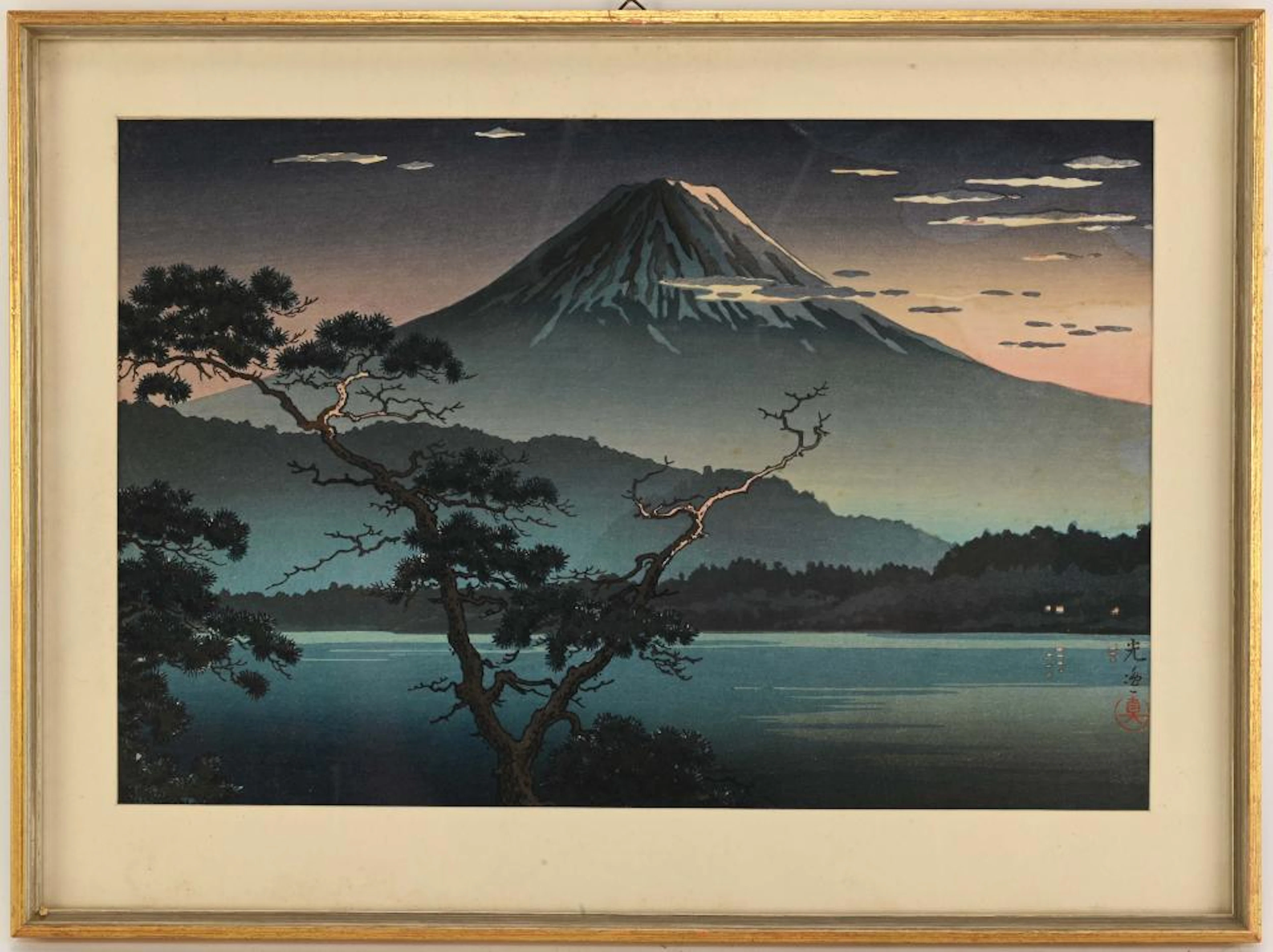 Tsuchiya Koitsu Japanese Woodblock Fuji From Lake Sai Evening View