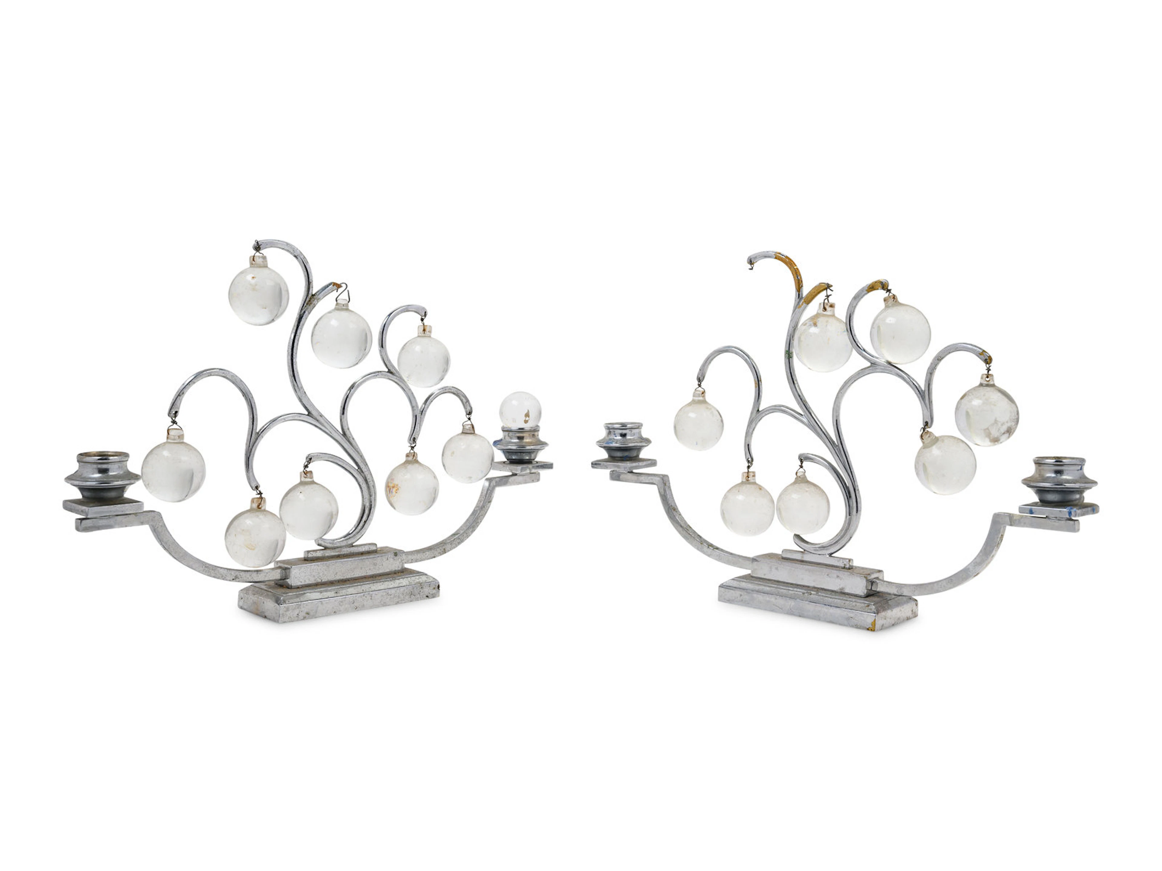 A Pair of Art Deco Silvered Metal and Glass Two-Light Candelabra