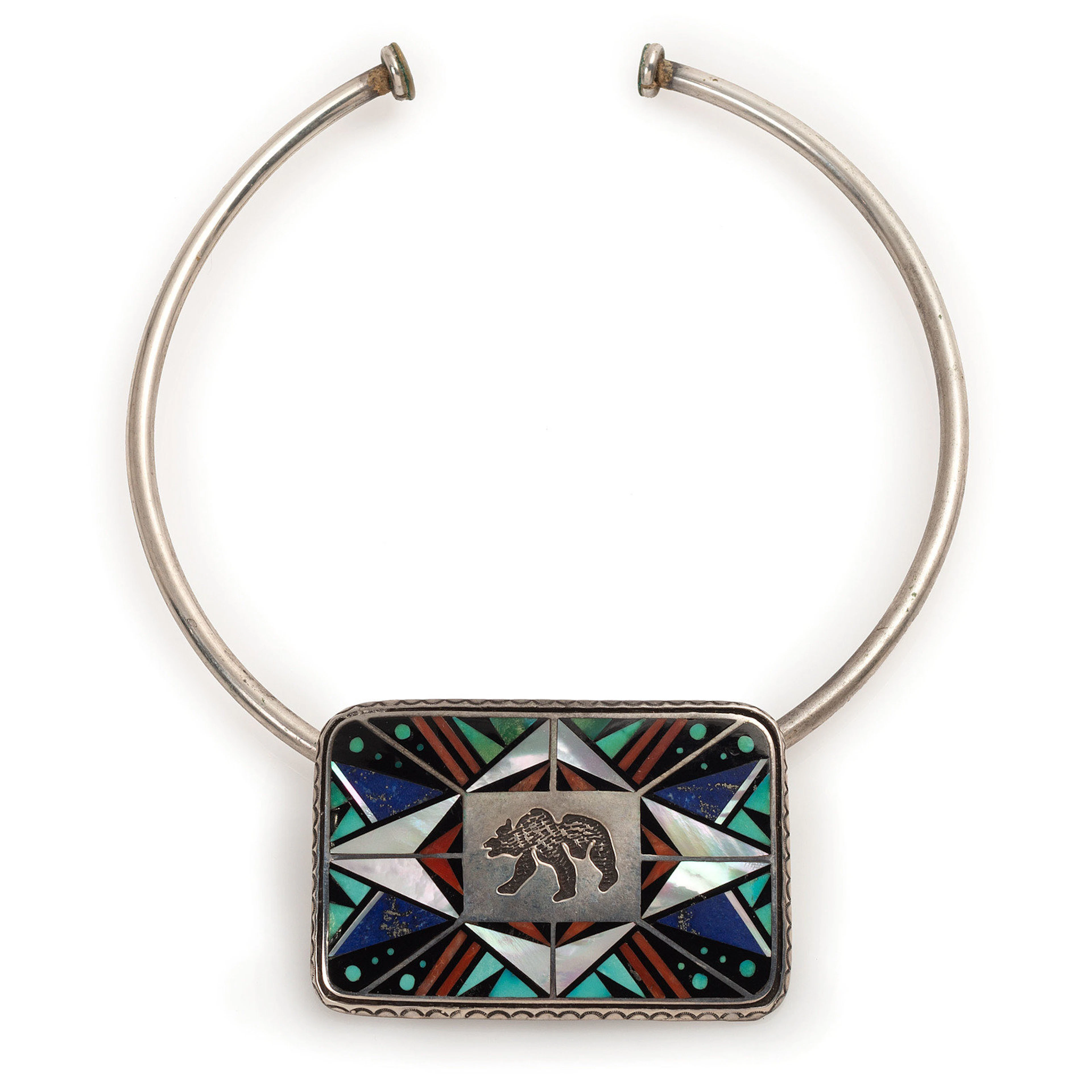 Navajo Silver and Mosaic Inlay Bear Choker Necklace