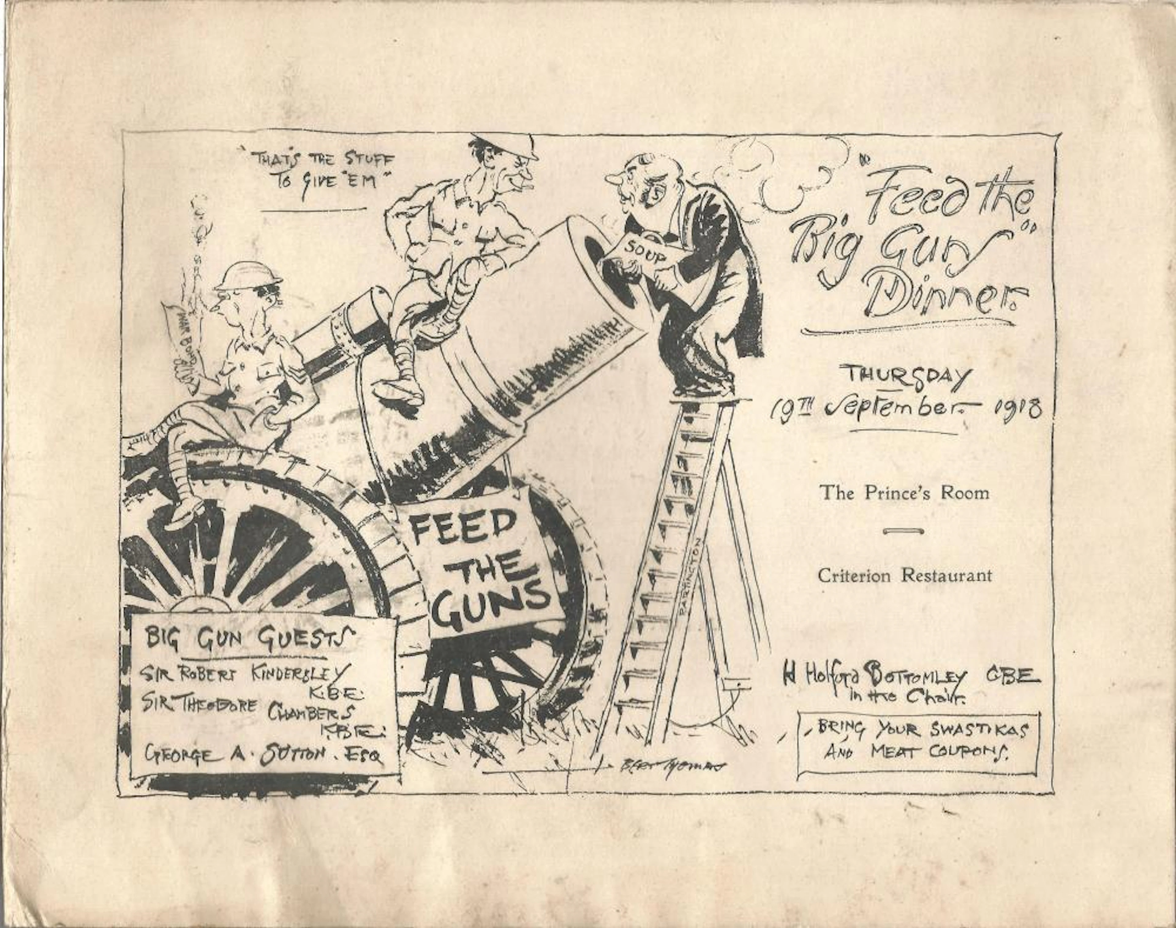 Great War Feed the Big Gun 1918 dinner menu, with Pencil doodle inside. Good condition. All