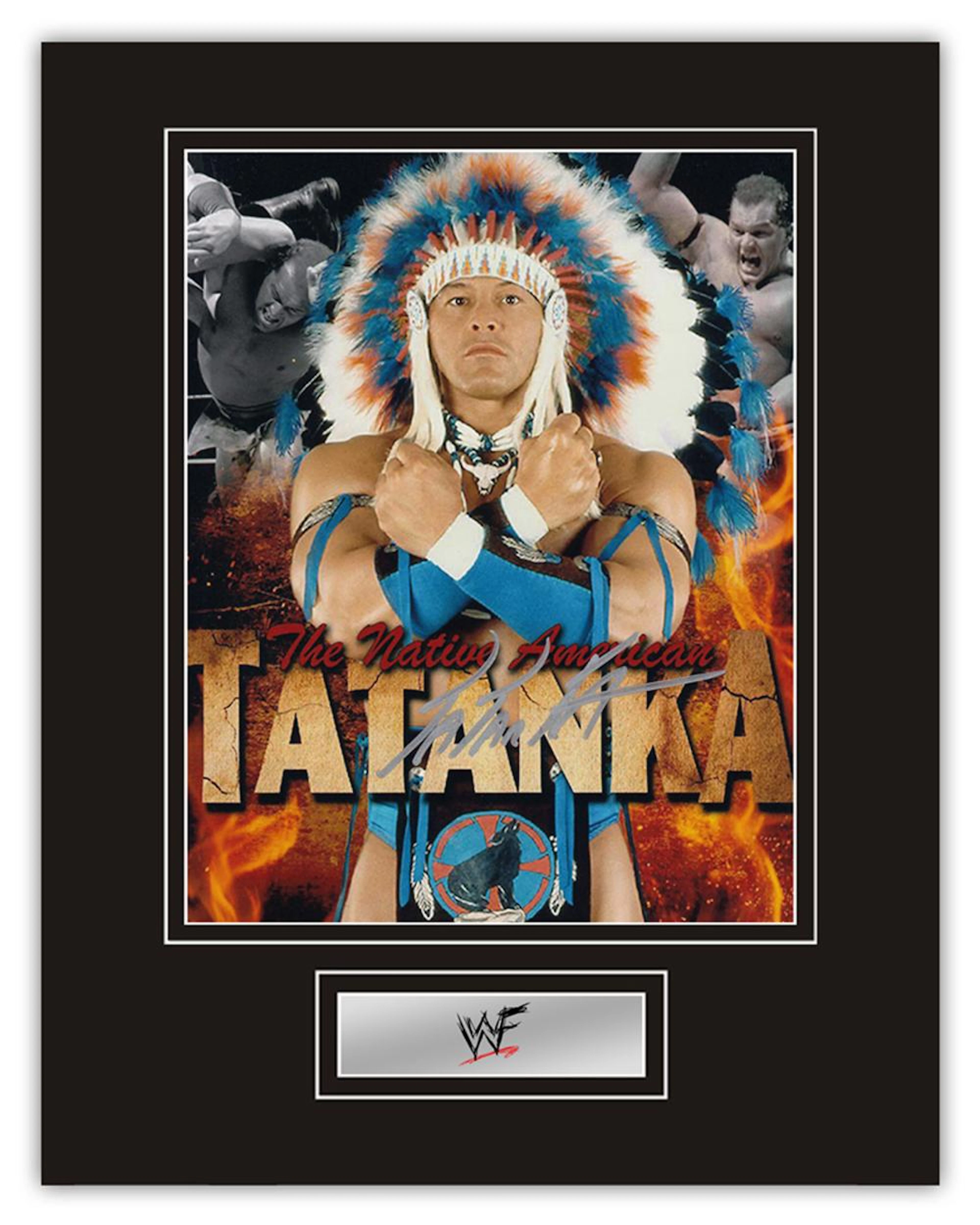 Stunning Display! WWF/WWE Wrestling Tatanka hand signed professionally mounted display. This