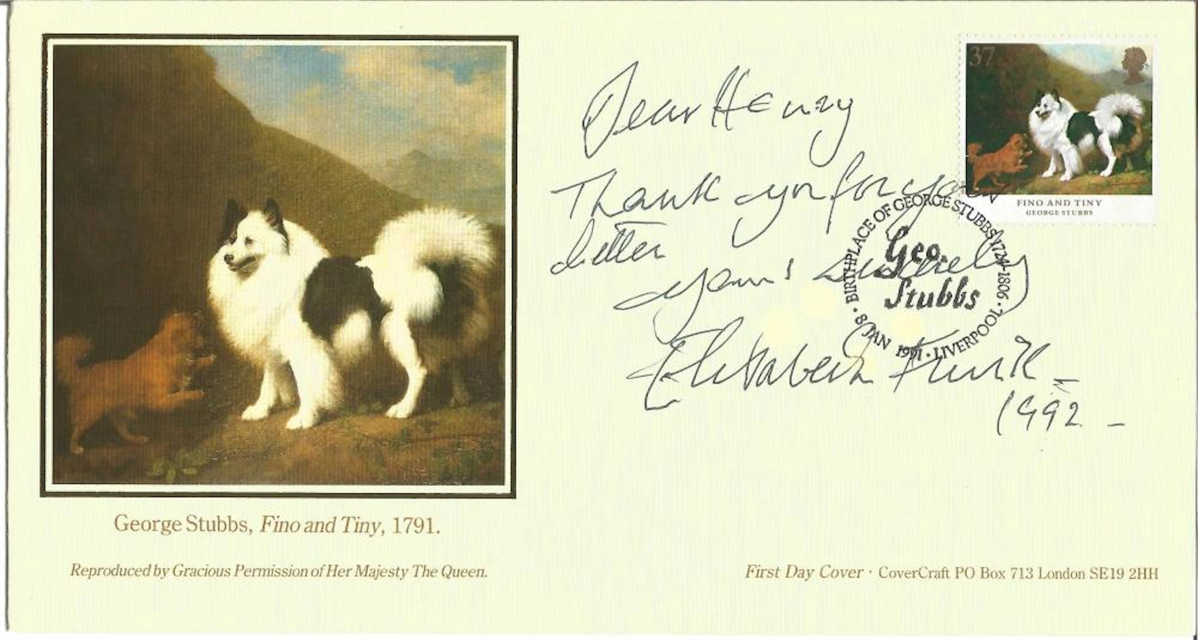 Elizabeth Frink signed George Stubbs FDC. 8/1/91 Liverpool postmark. Good Condition. All signed