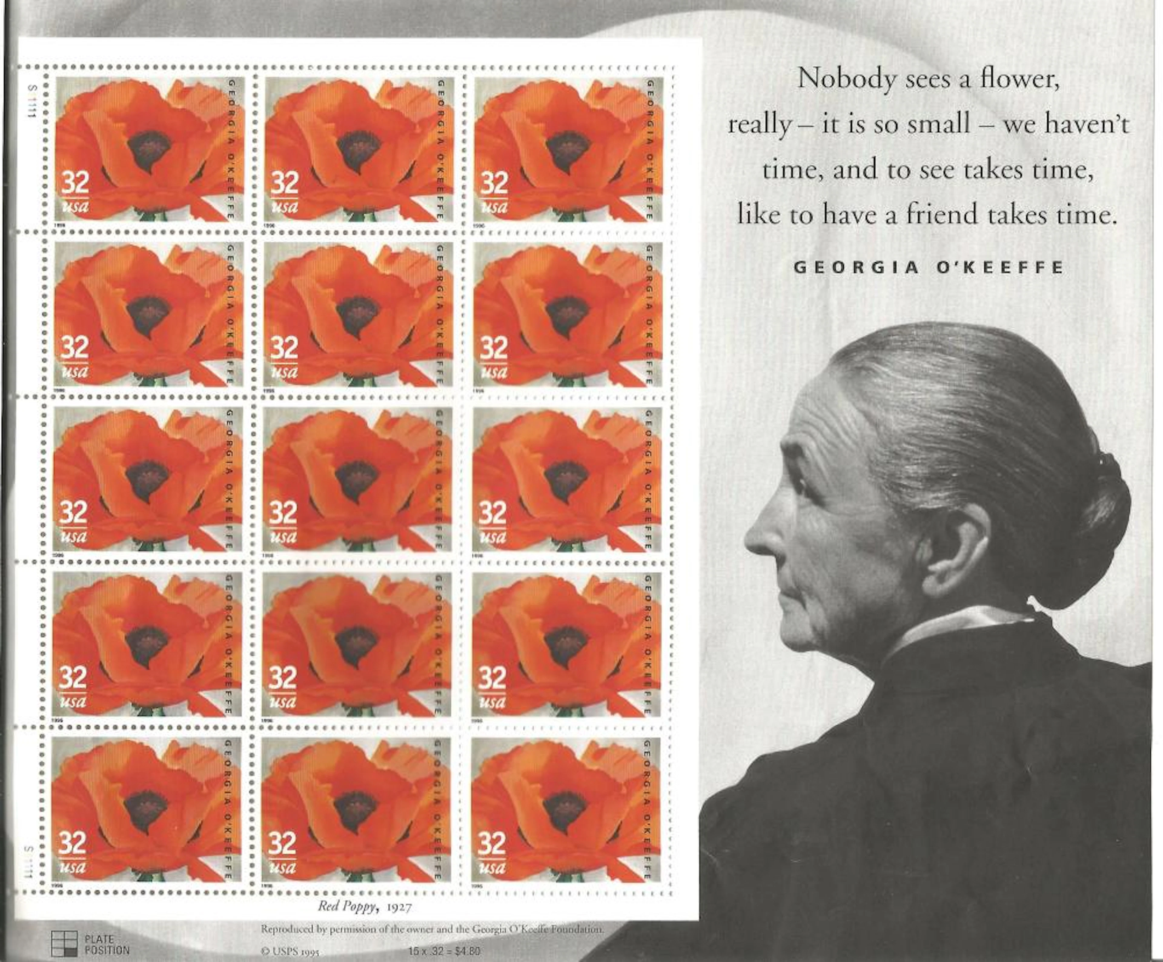 Beautiful commemorative stamp sheet from the United States Postal service of Georgia O'Keefe with 15