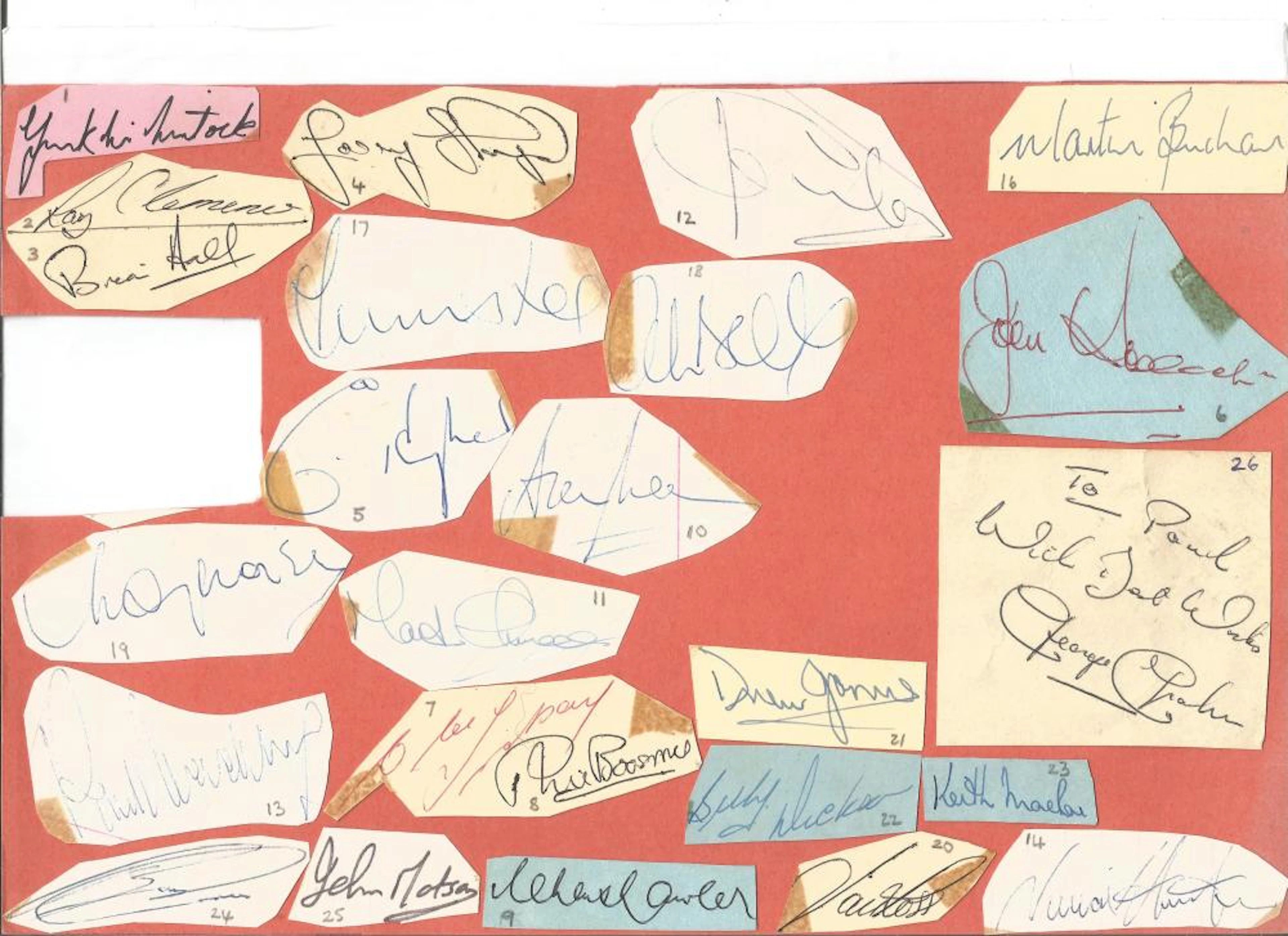 Football greats collection of over 20 irregular signature pieces fixed to A4 card, includes Jack