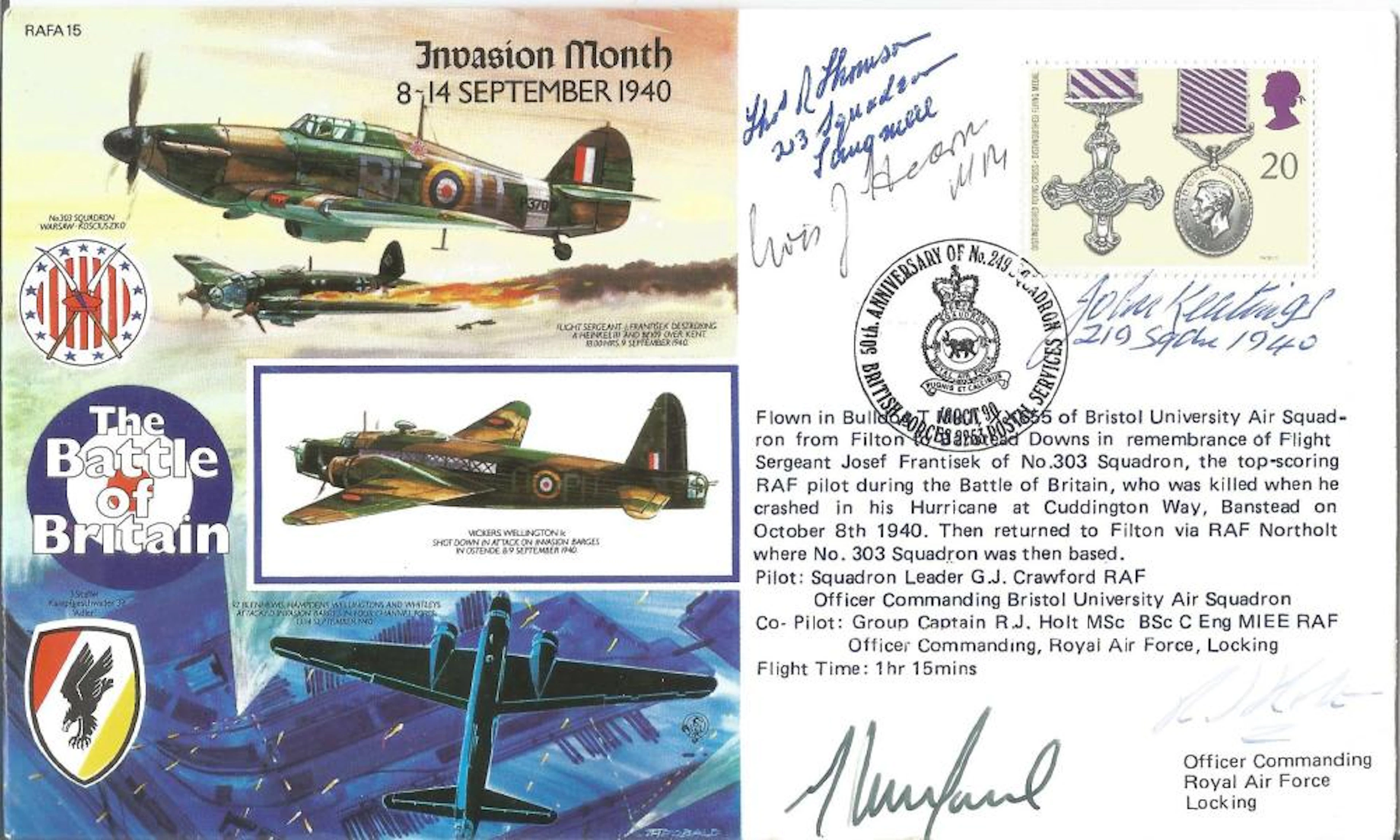 World War II FDC RAFA15 Battle of Britain Invasion Month 8 – 14 Sept 1940 Signed 3 Battle of Britain