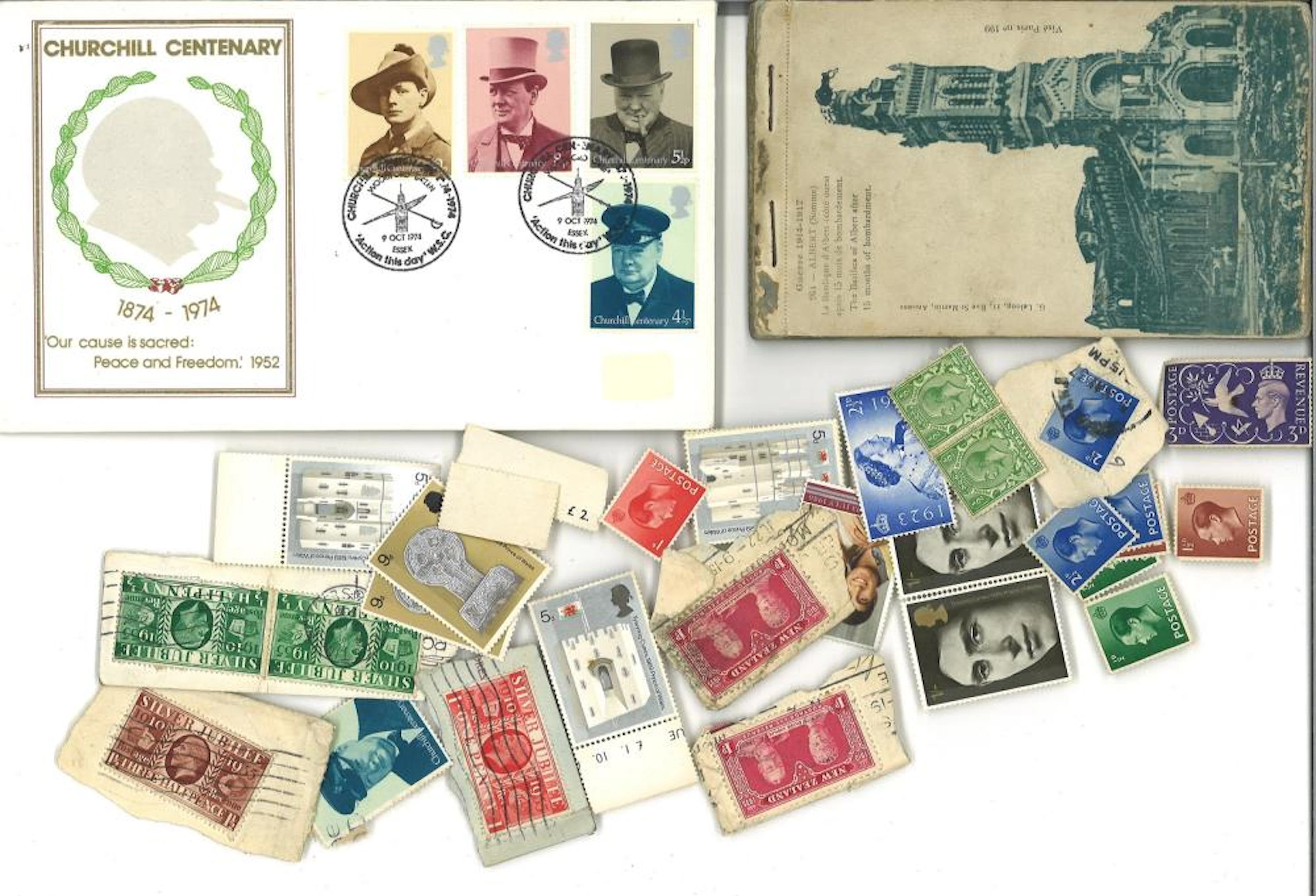 Postal history collection. Includes vintage book of black and white postcards, assortment of