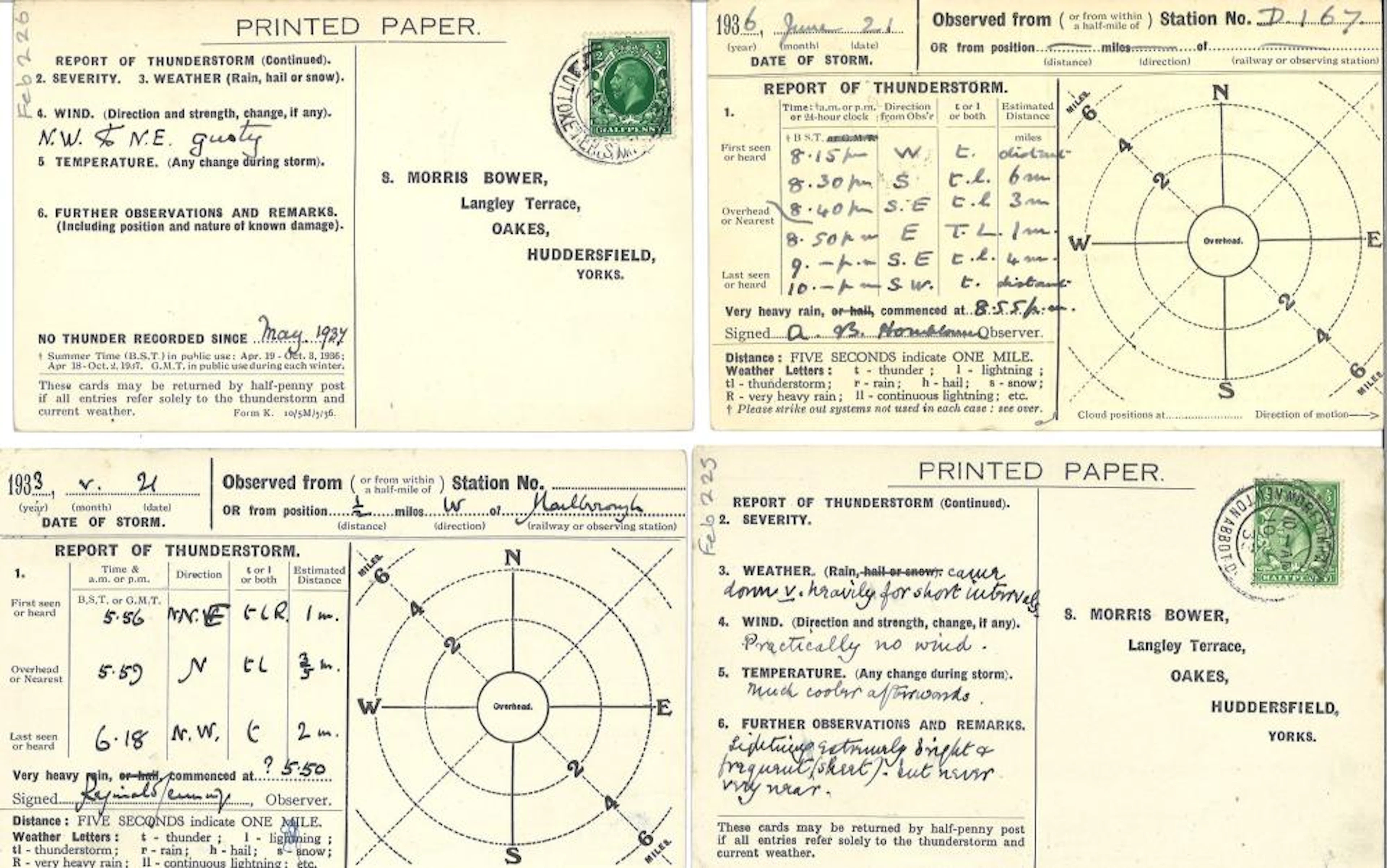 S Morris Bower Thunderstorm Weather Station cards 1933 1937 with detailed information on both