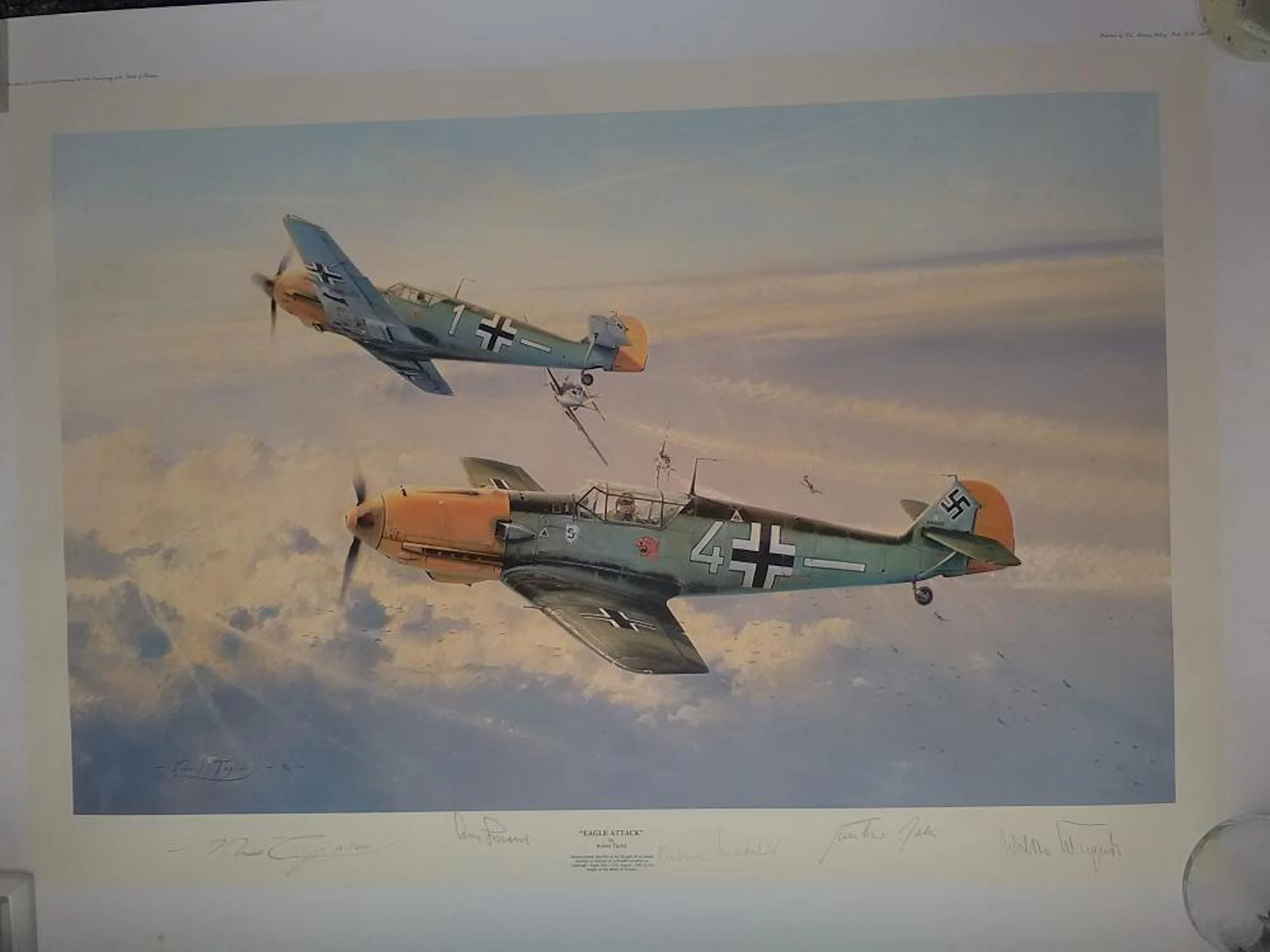 Eagle Attack multiple signed WW2 Robert Taylor print. 36 x 26 inches. Numbered 33/1250. A swarm of