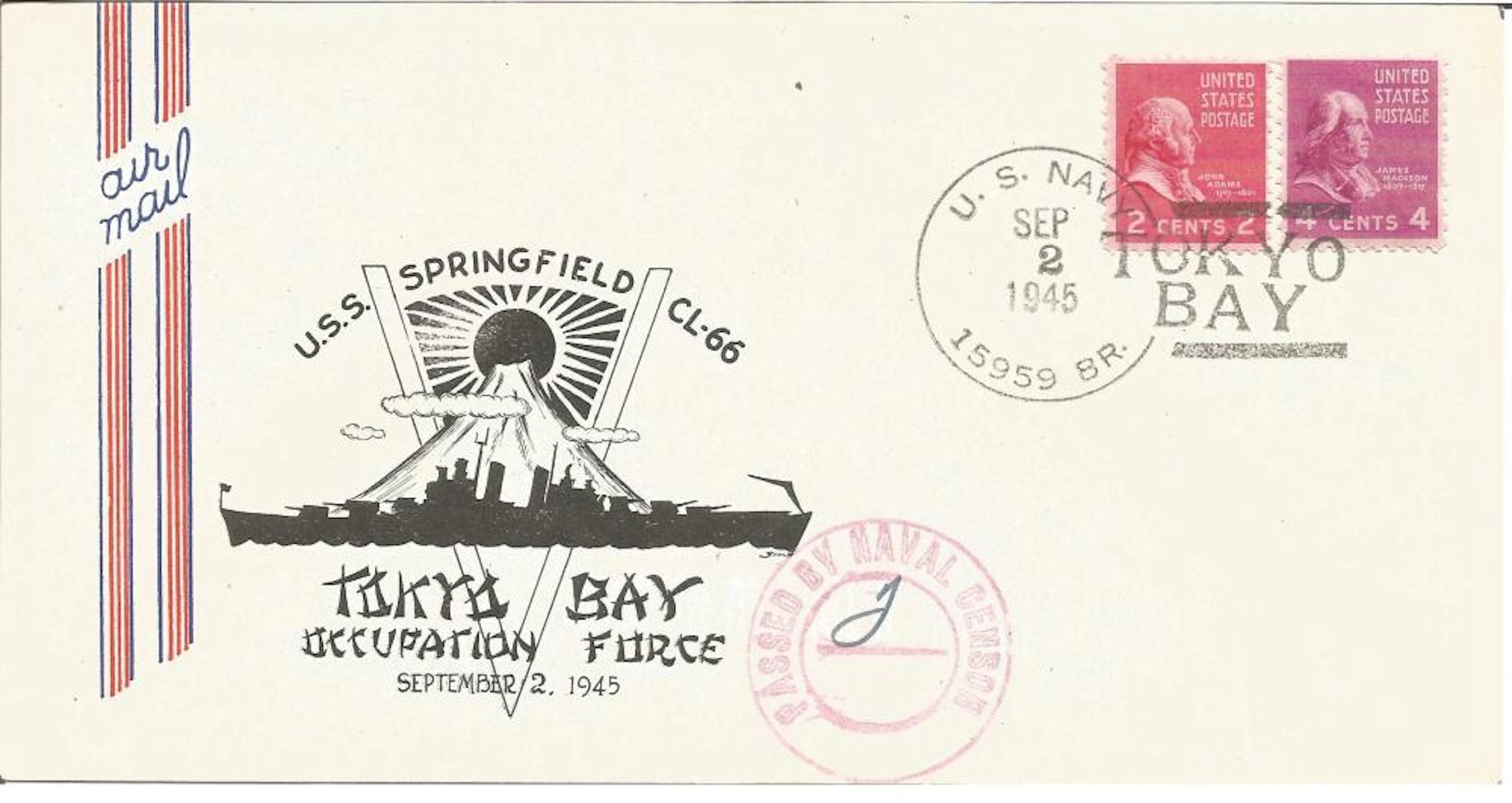 1945 USS Springfield CL66 Air Mail Tokyo Bay occupation force Air Mail cover initialled by Censor