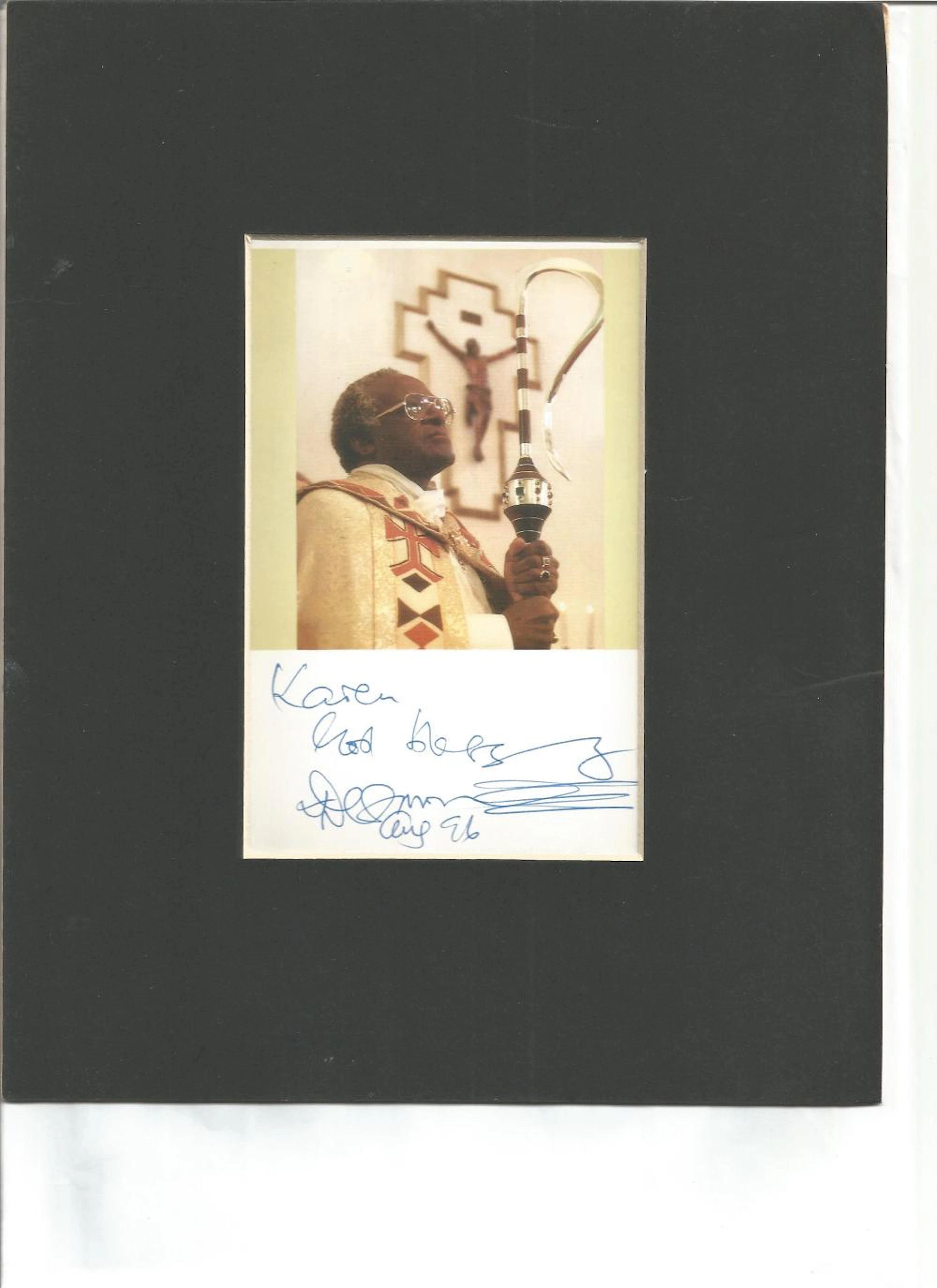 Arch Bishop Desmond Tutu signed 6 x 4 photo to Karen in small mount. Good Condition. All