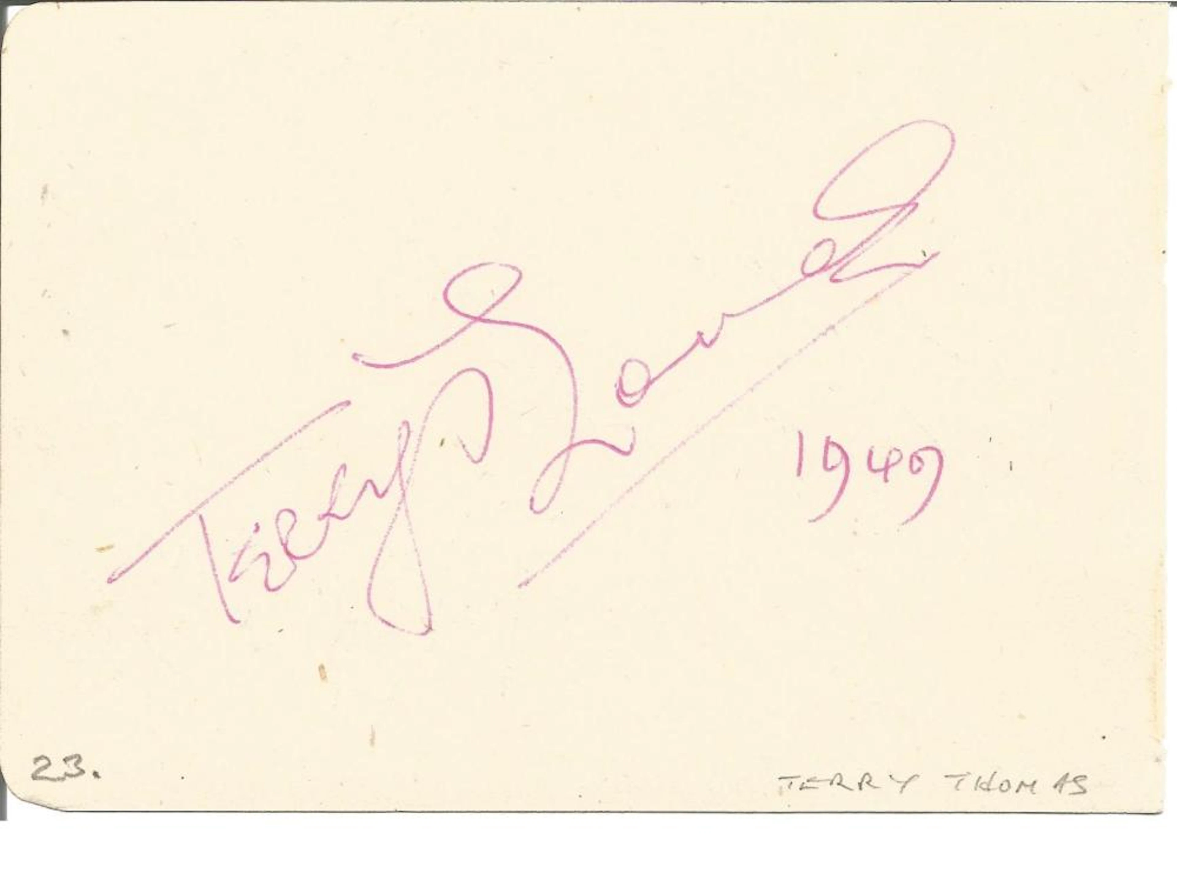 Terry Thomas signed album page. 14 July 1911 - 8 January 1990) was an English comedian and character