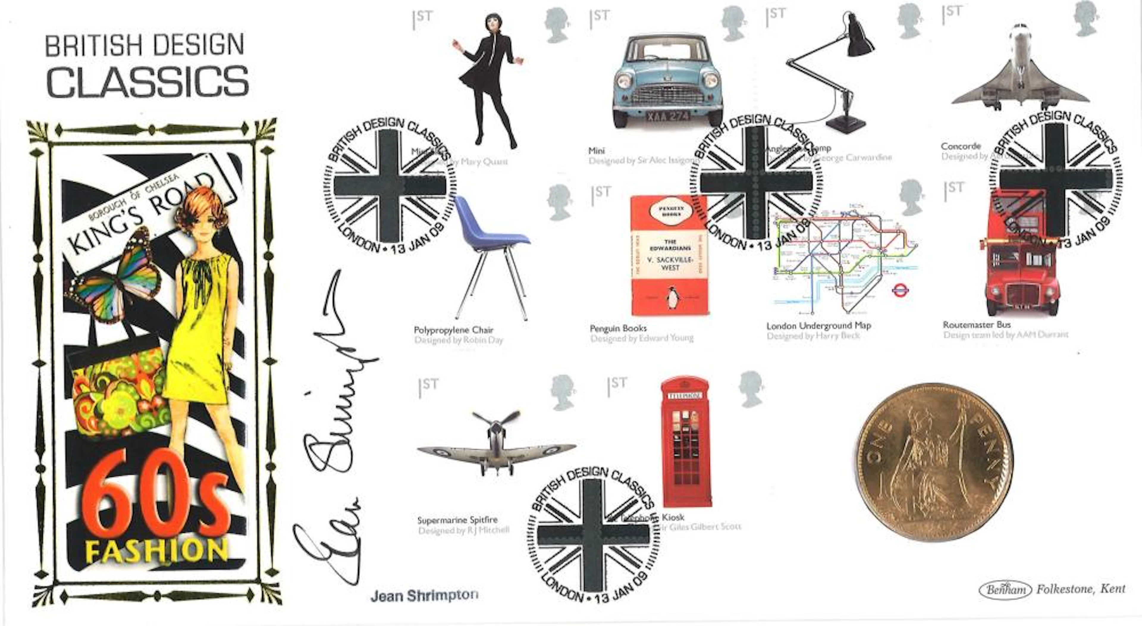 Jean Shrimpton signed British Design Classics coin cover Benham official FDC PNC, with 1960s penny