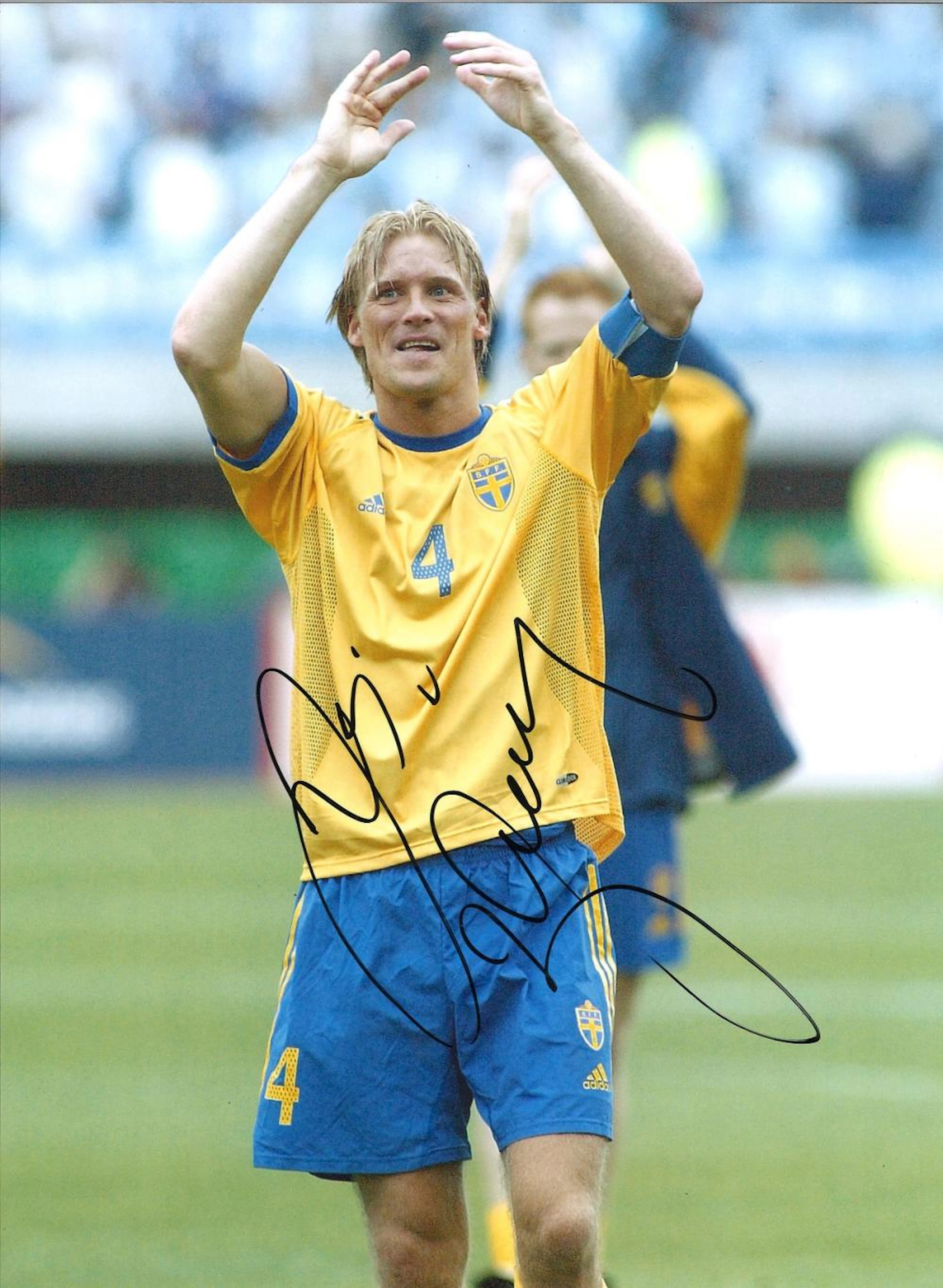 Johan Mjällby Sweden signed 16 x 12 colour football photo. Good Condition. All autographs come
