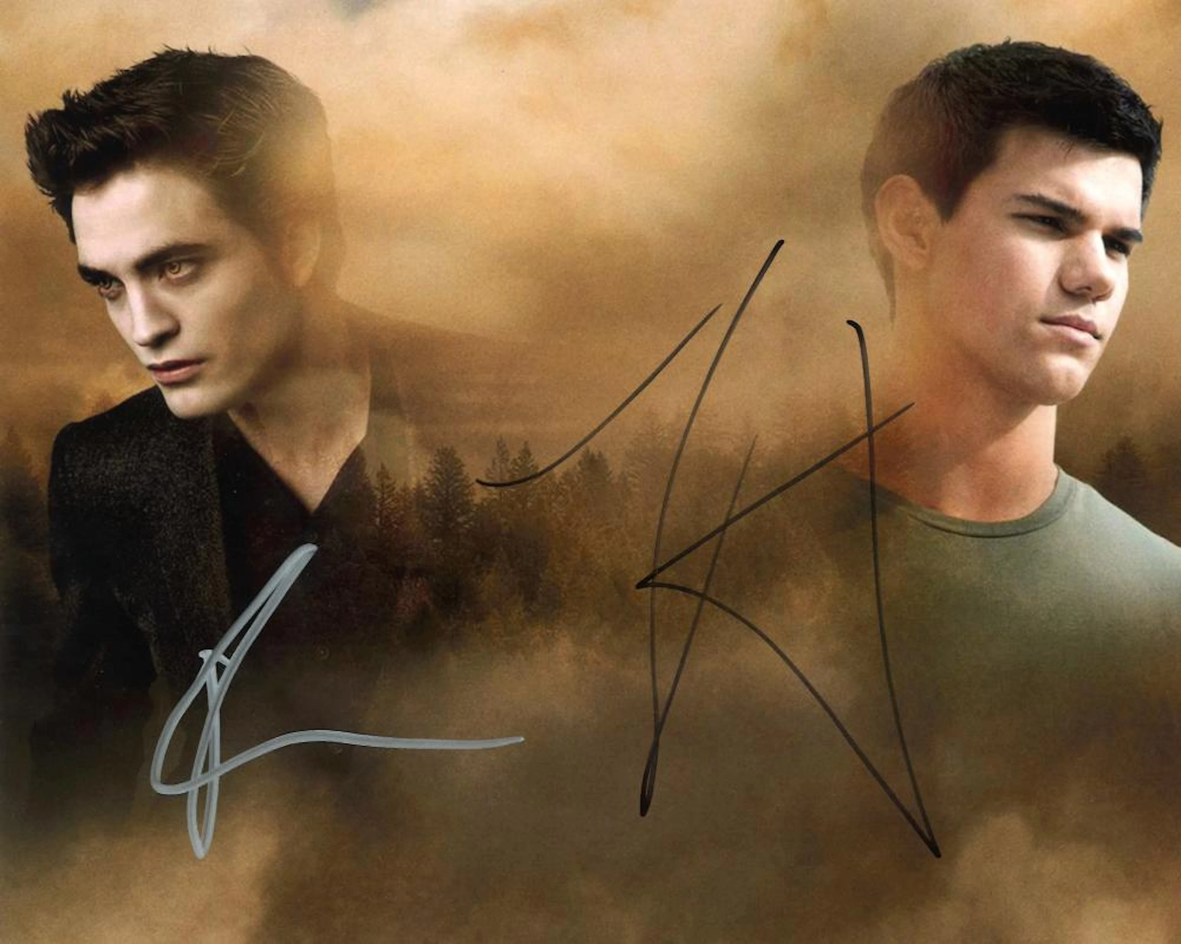 Twilight two 10 x 8 colour photos signed by Robert Pattinson and Taylour Lautner. Good condition.