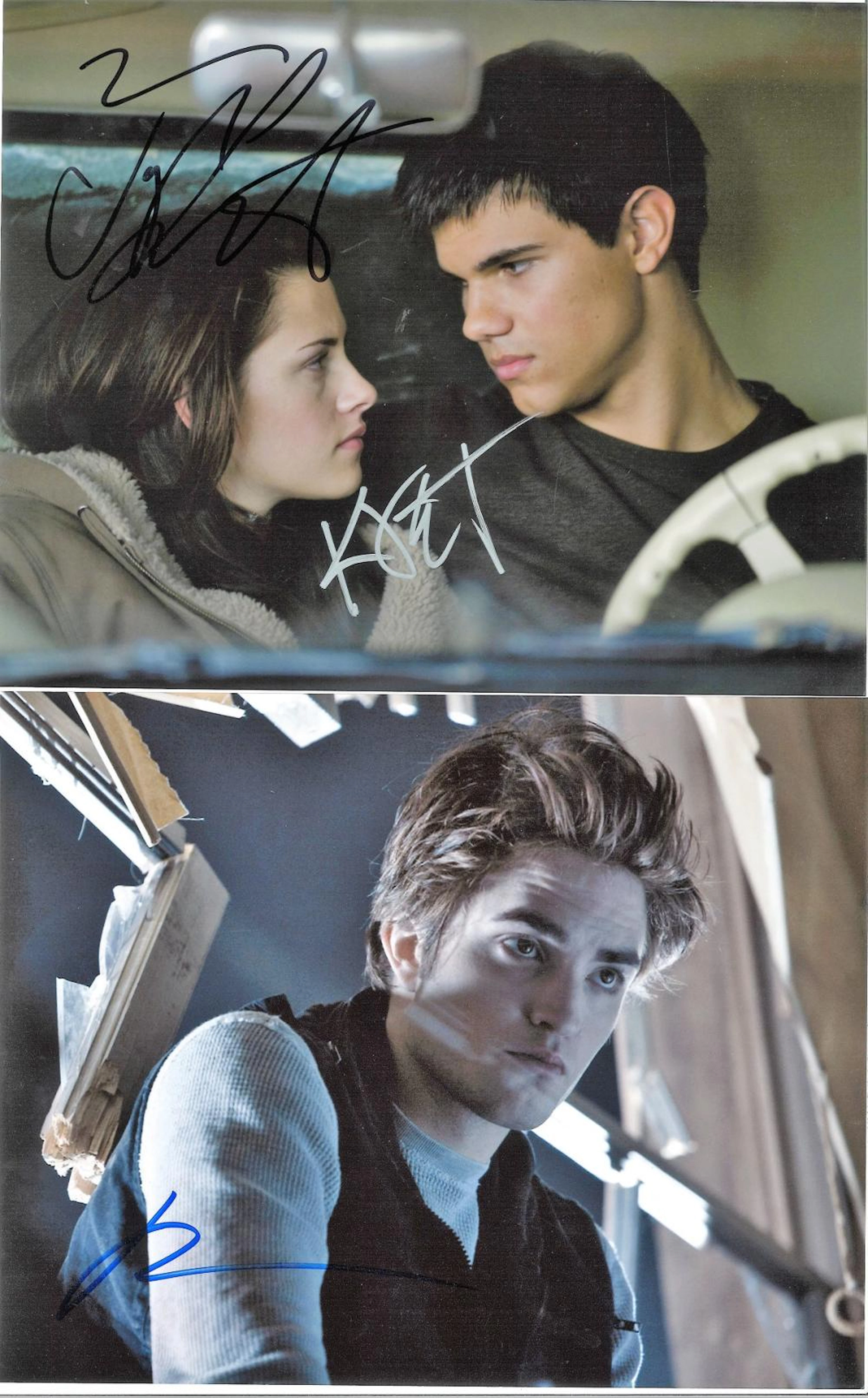 Twilight two 10 x 8 colour photos signed by Robert Pattinson and double signed Kristin Stewart and
