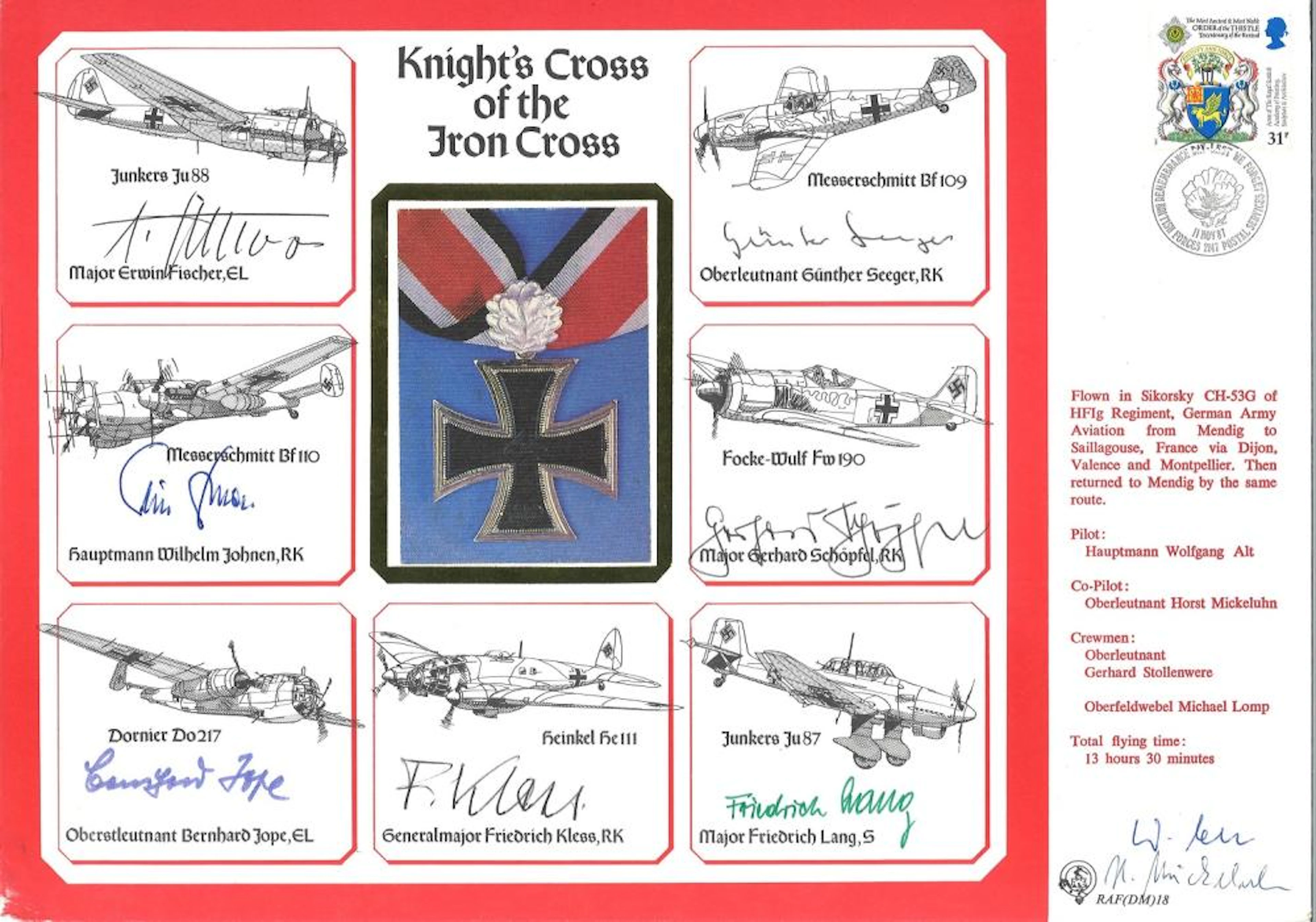 WW2 multisigned DM cover Knights Cross of the Iron Cross signed by Major Erwin Fischer, Hauptmann