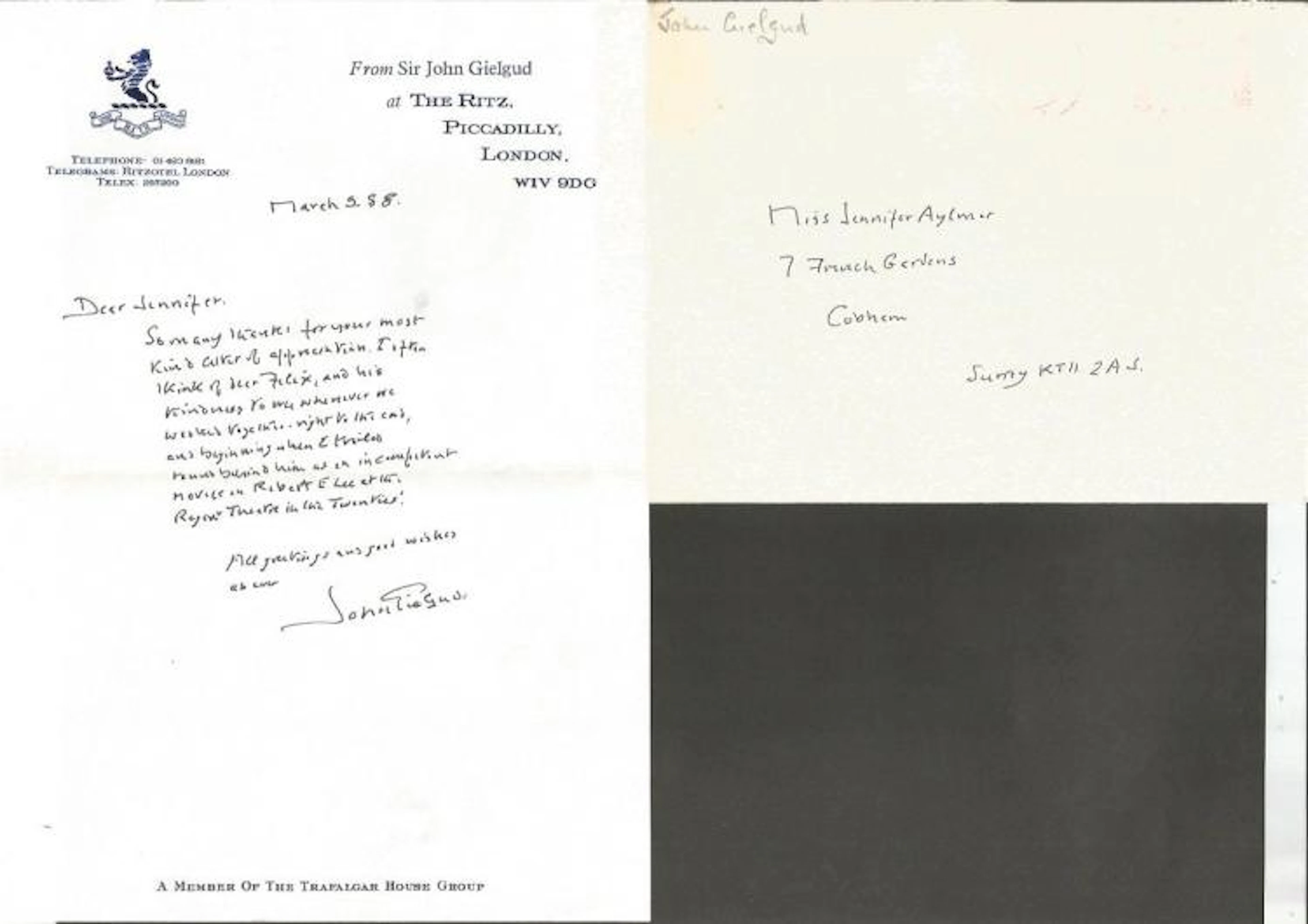 Sir Joh Gielgud hand written letter 1988 Ritz Hotel letterhead with mailing envelope to Miss