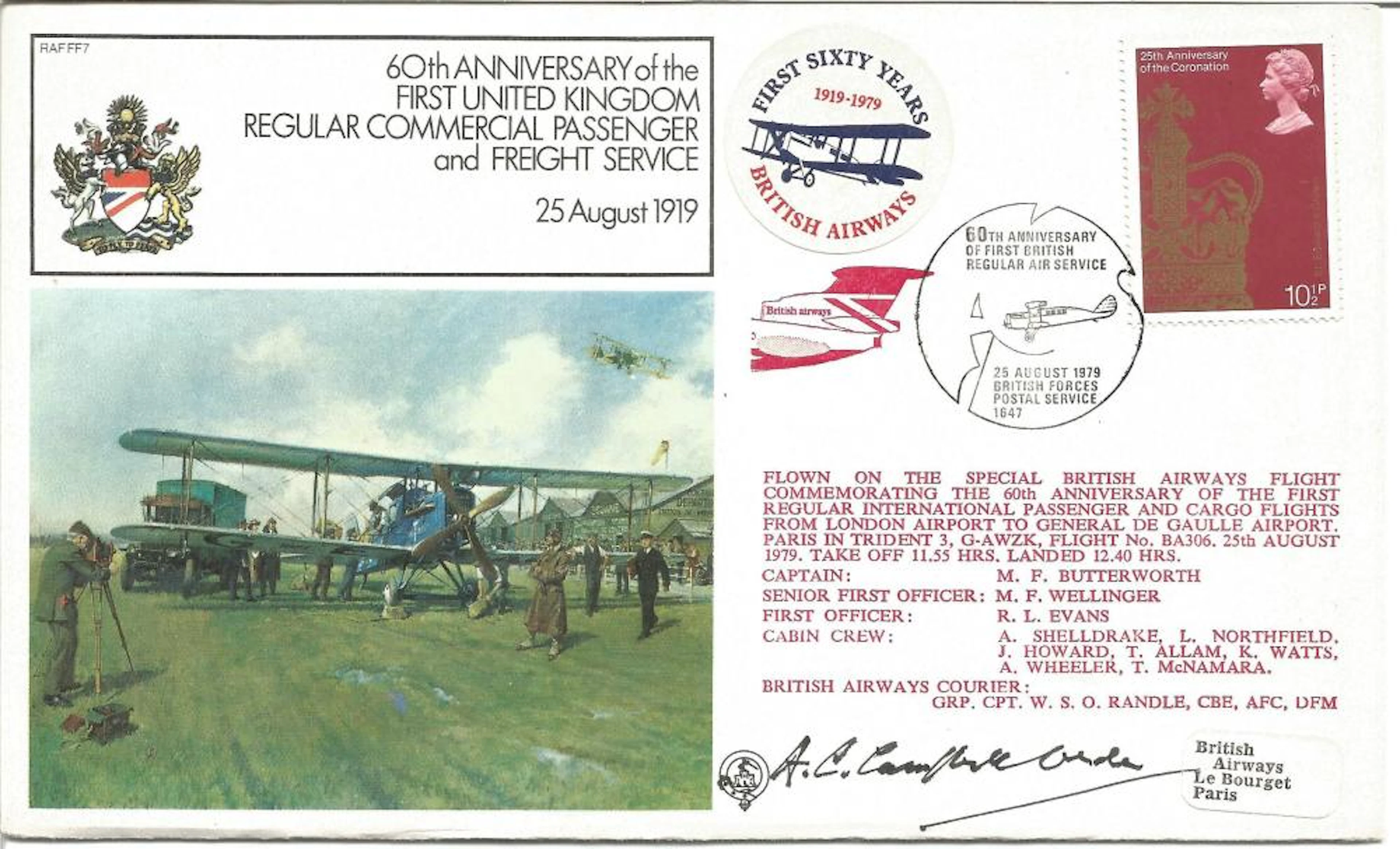 First United Kingdom Regular Commercial Passenger and Freight Service official signed cover RAF FF7.