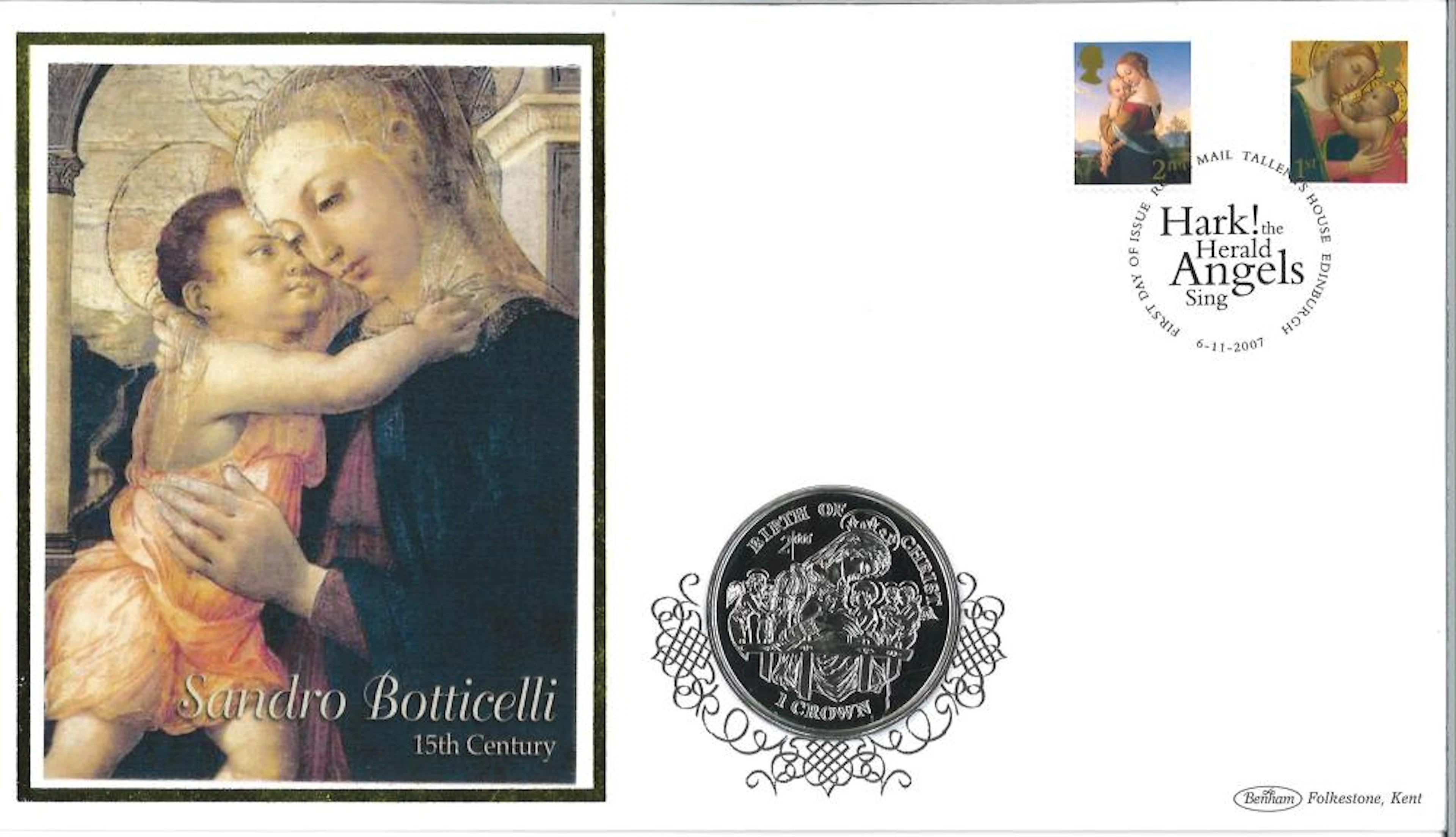 Sandro Botticelli coin cover. Benham official FDC PNC, with 1997 legal tender Isle of Man Millennium