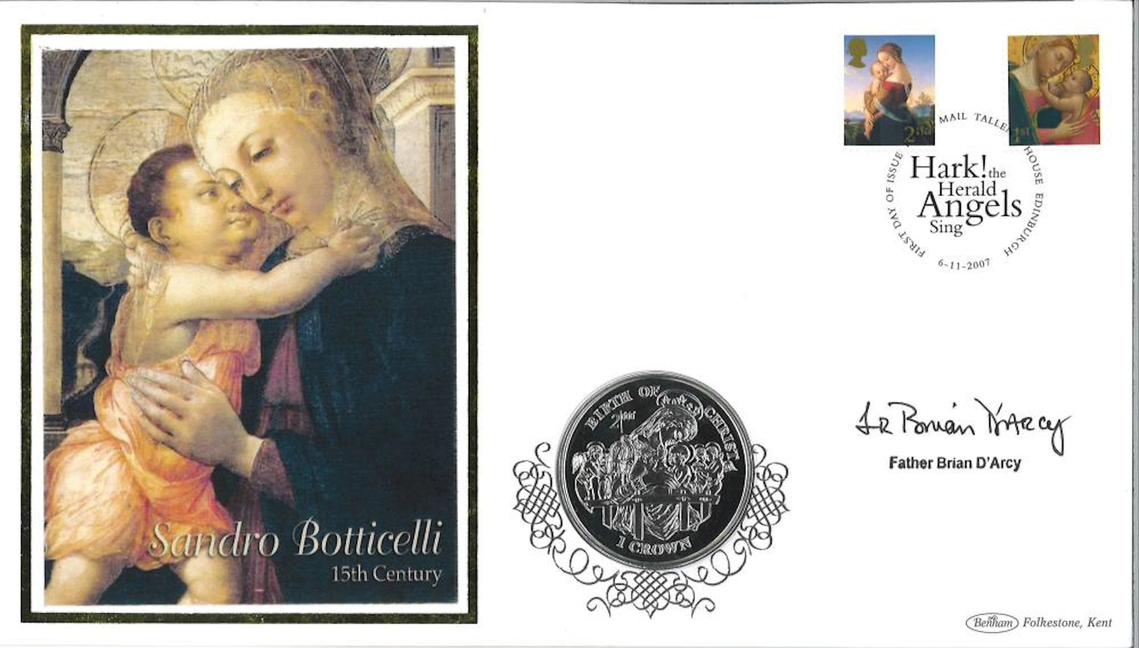 Father Brian D'Arcy signed Sandro Botticelli coin cover. Benham official FDC PNC, with a legal