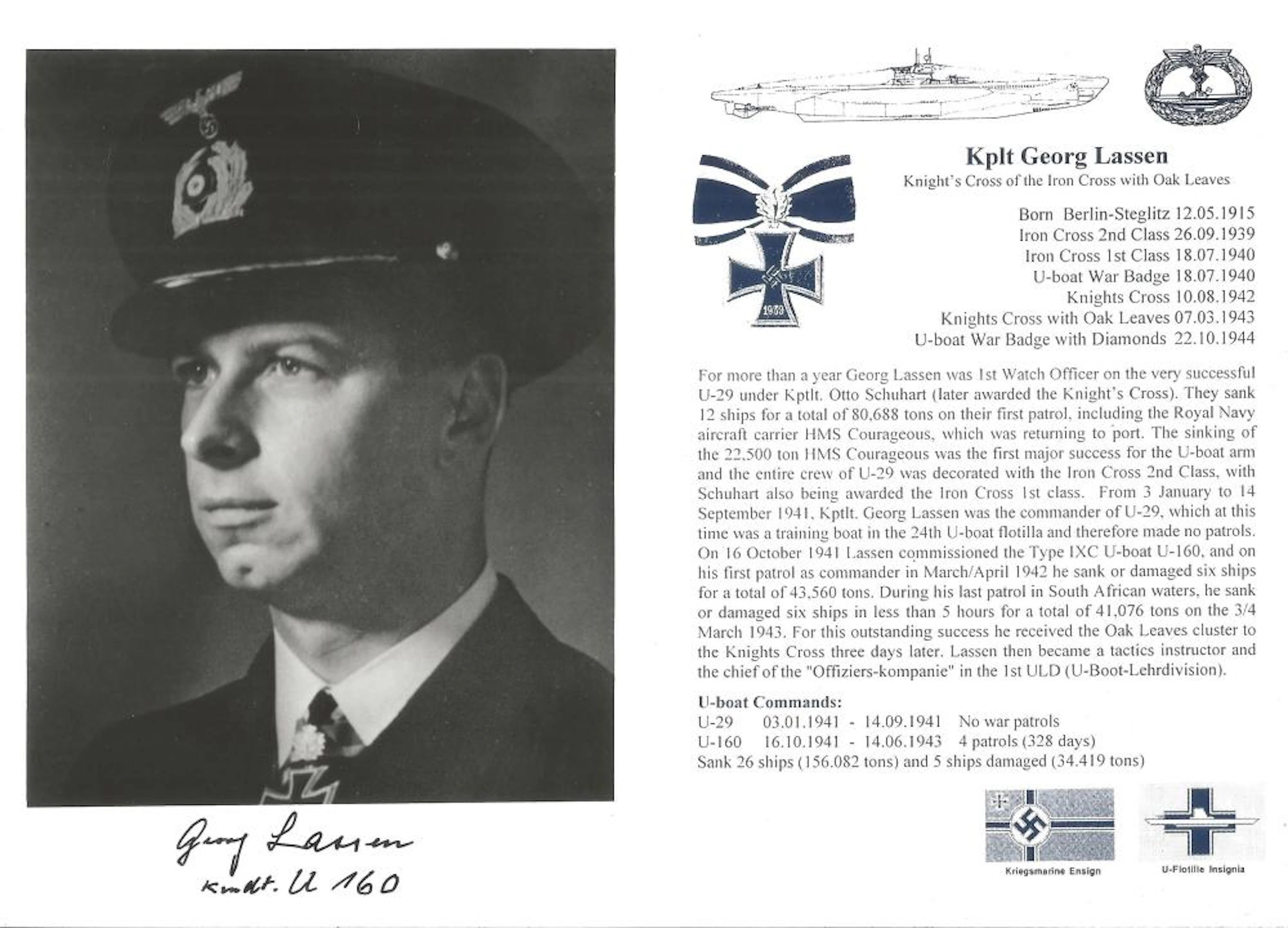 WW2 U boat, Georg Lassen, born 12th May 1915, 26 ships sunk total tonnage 156,082 GRT, Captain