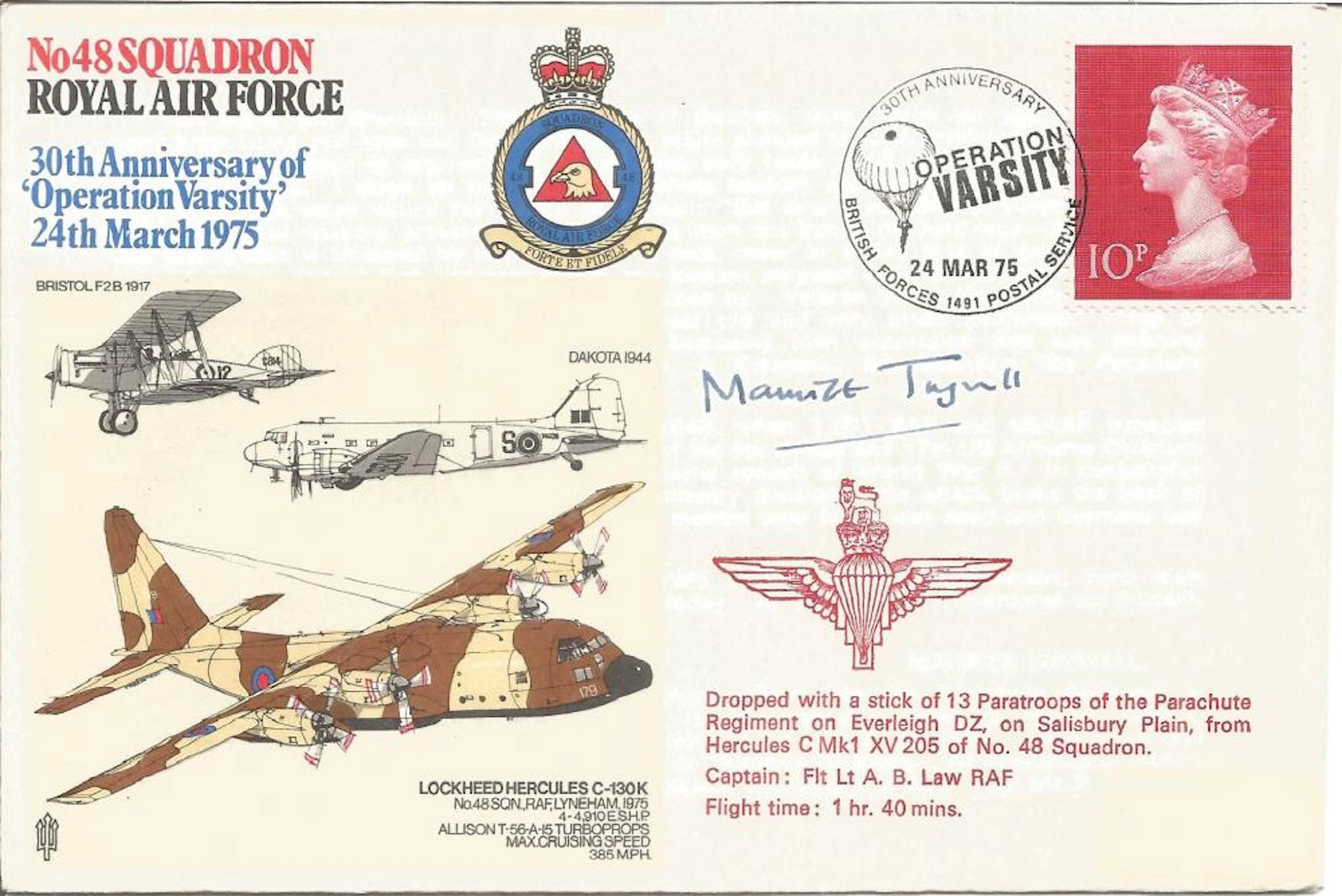 No48 Squadron Royal Air Force 30th Anniversary of 'Operation Varsity' 24th March 1975 signed RAF