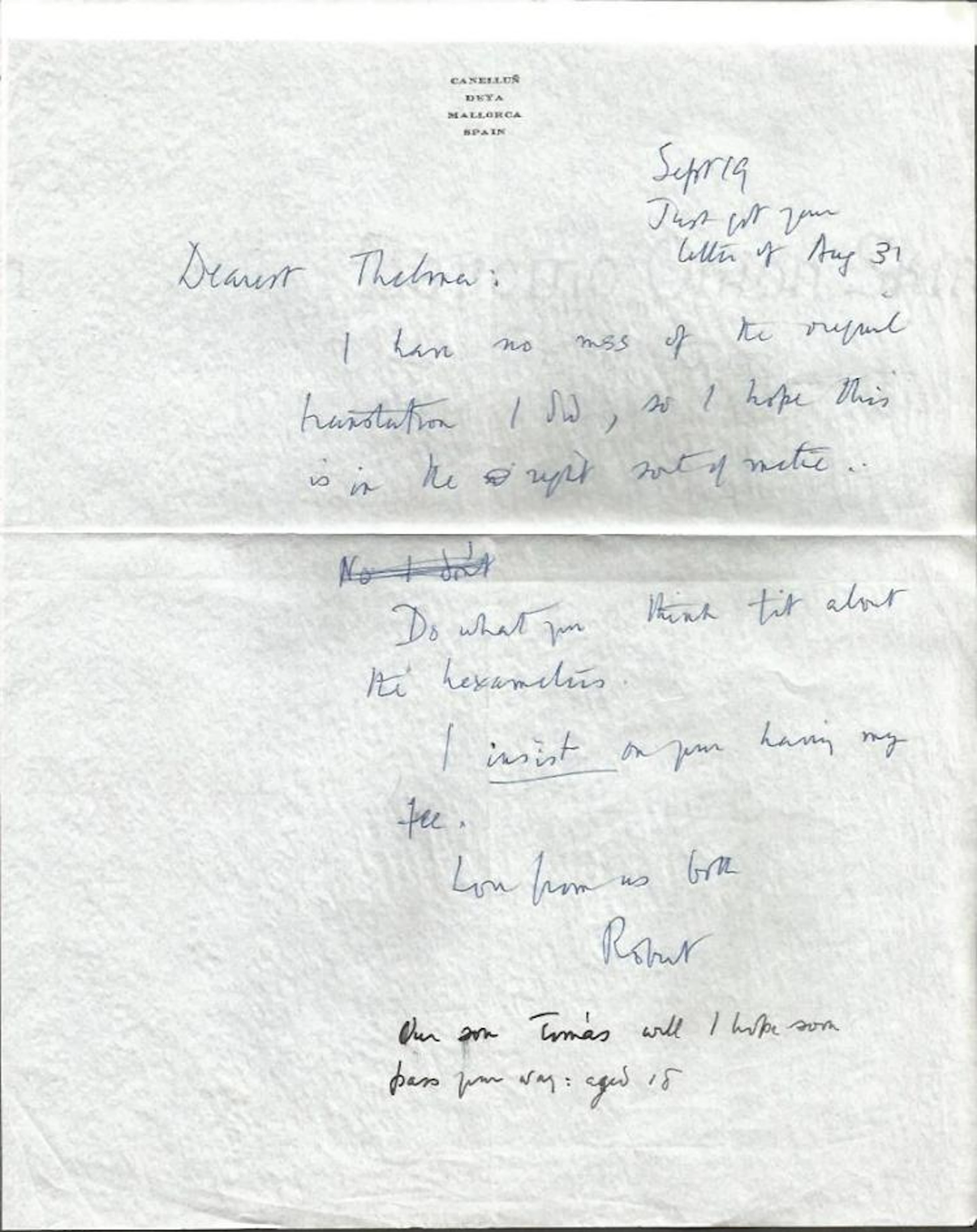 Robert Graves ALS. English poet, historical novelist, critic, and classicist. His father was
