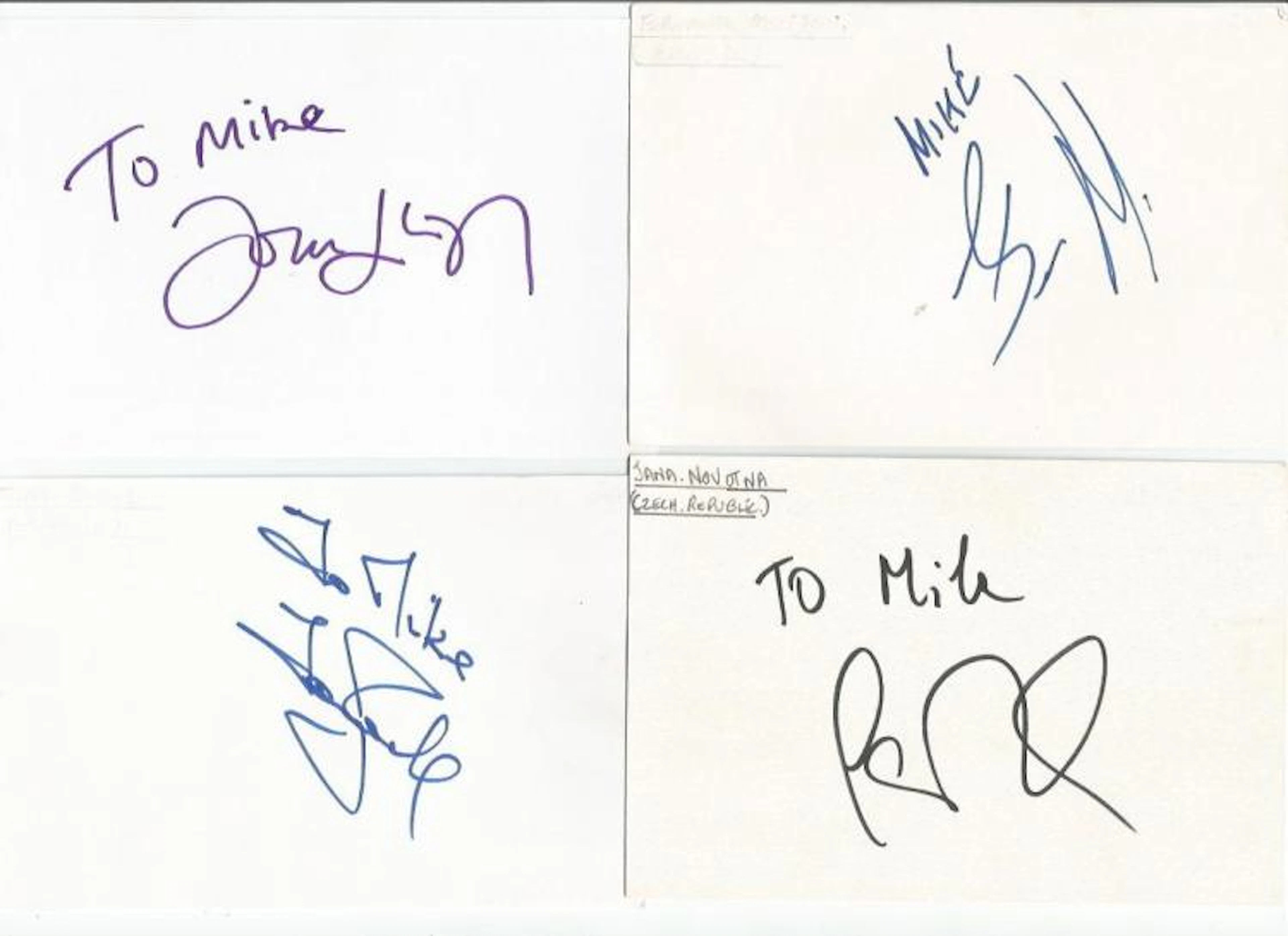 Tennis signed 6x4 white index card collection. 50 cards. Dedicated to Mike/Michael. Some of