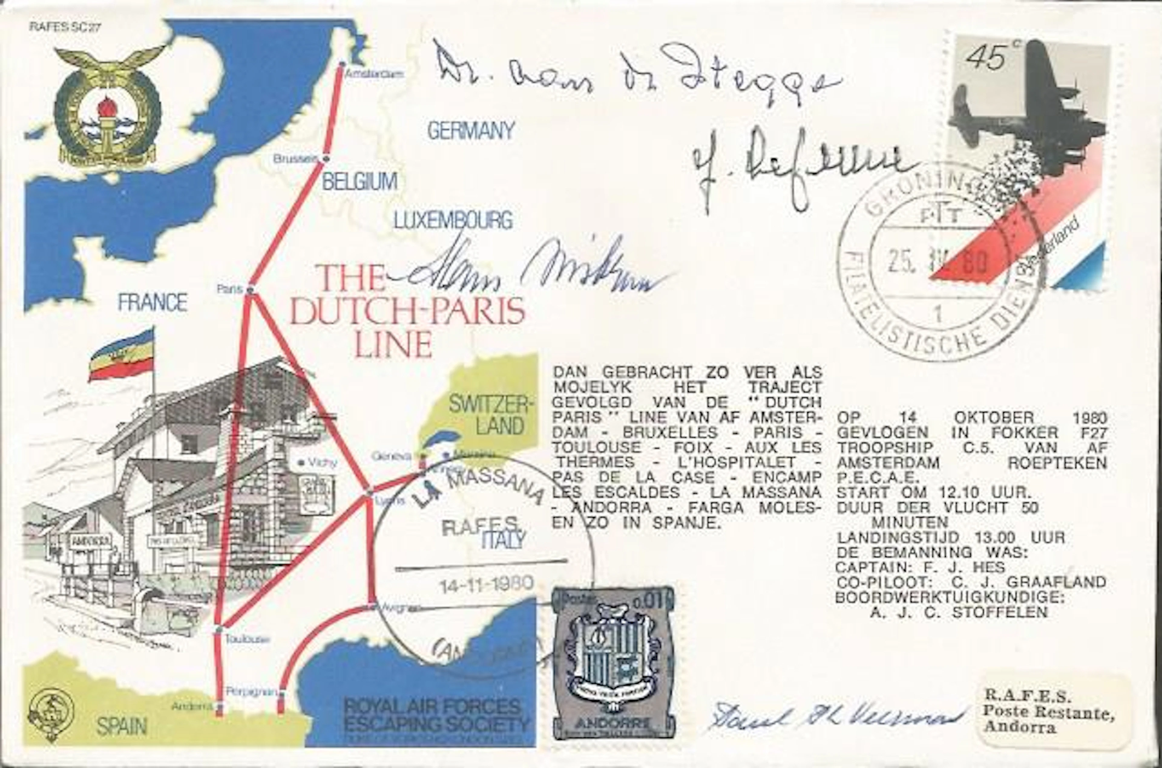WW2 Resistance Multisigned RAF Escaping Society cover. RAFES SC27. The Dutch - Paris Line. Cancelled
