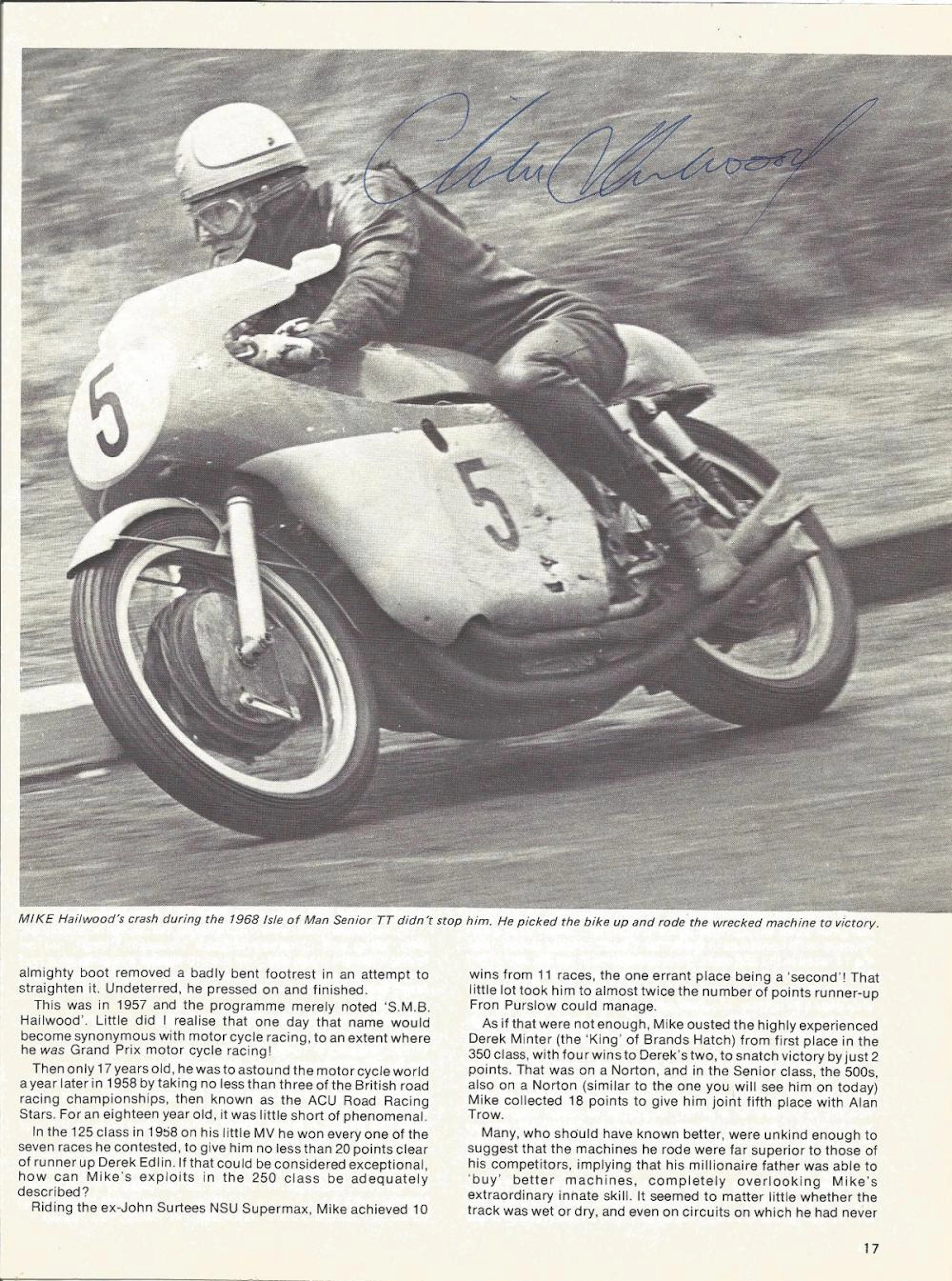 Motor Racing Mike Hailwood signed 10x8 black and white magazine photo. Stanley Michael Bailey