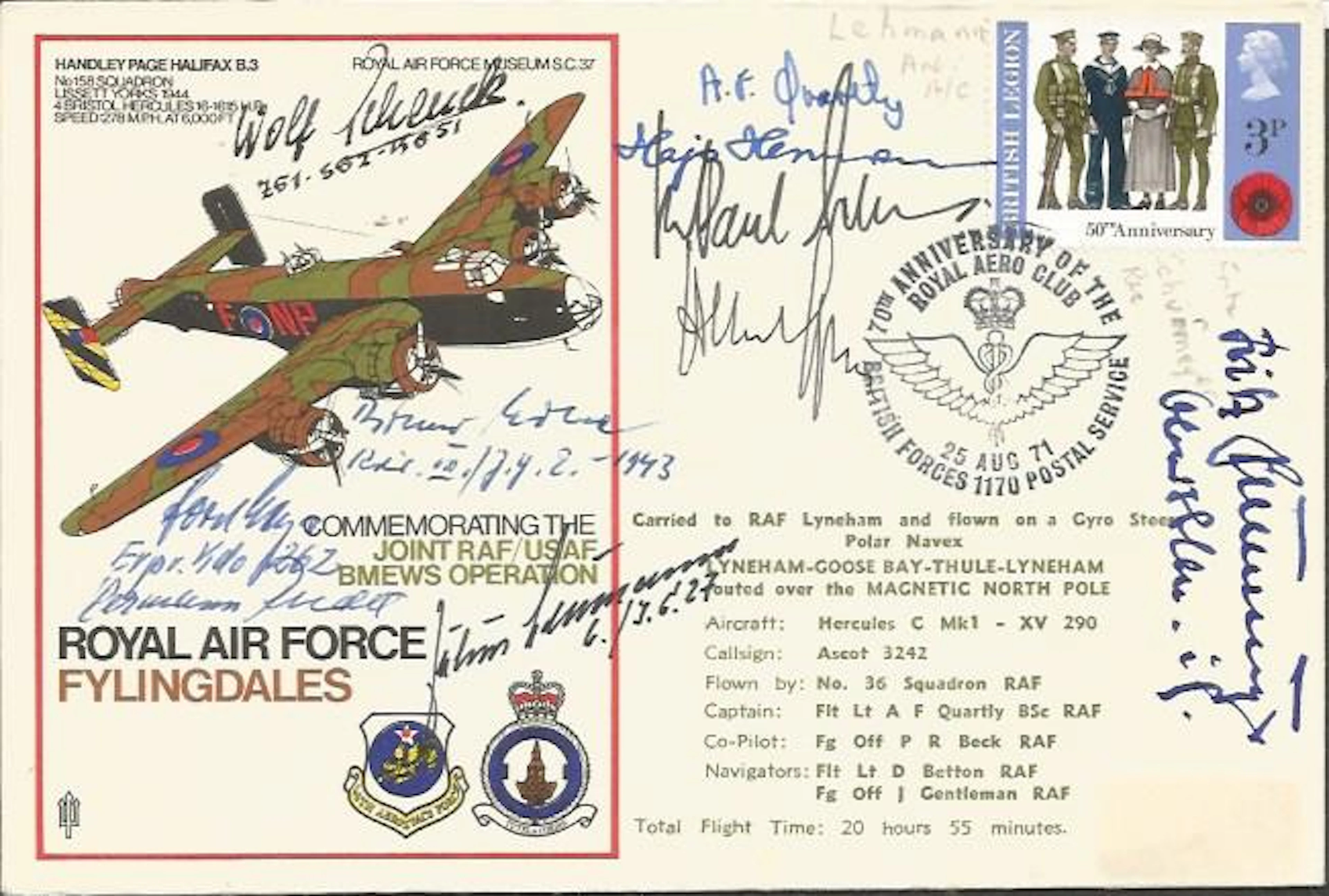 Eight WW2 Luftwaffe aces multi signed RAF Fylingdales. Signed by Albert Speer, Fritz Schurmeyer KC, Hajo Herrmann KC, Paul Lehmann KC, Wolf Schenck KC, Bruno Stolle KC, Julius Neumaun KC and Horst Gey