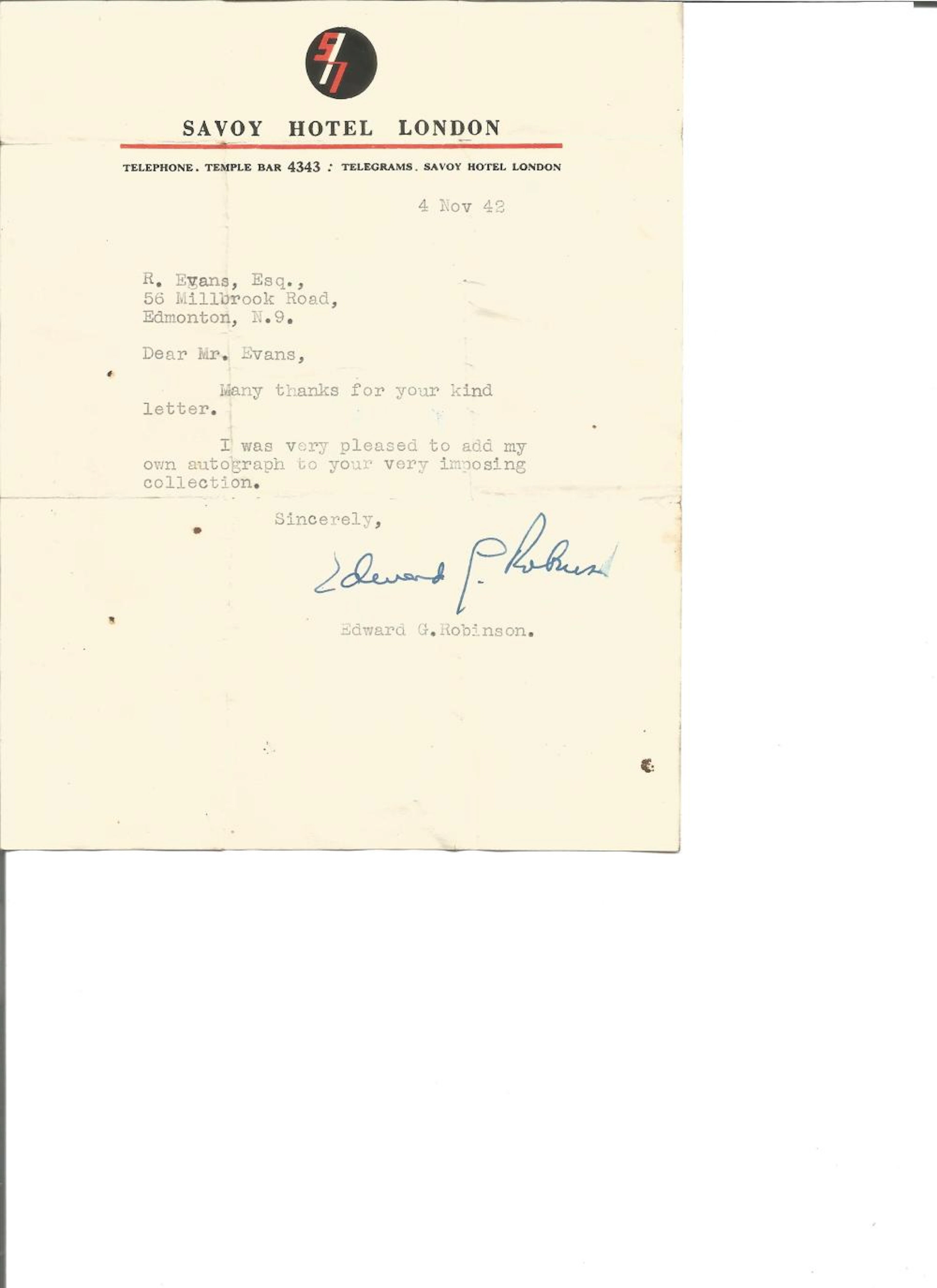 Edward G Robinson TLS on Savoy Hotel notepaper. Dated 4/11/42. Good Condition. All autographs are