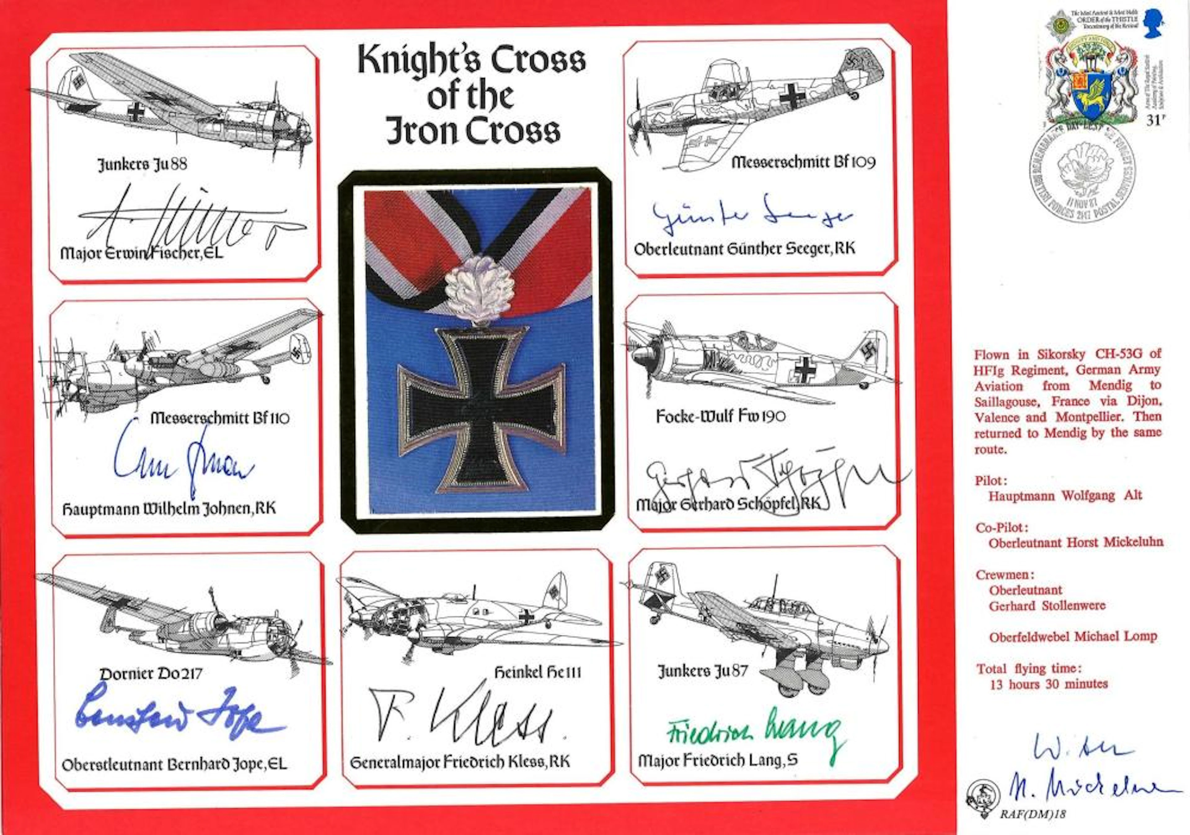 WW2 multisigned DM cover Knights Cross of the Iron Cross signed by Major Erwin Fischer, Hauptmann