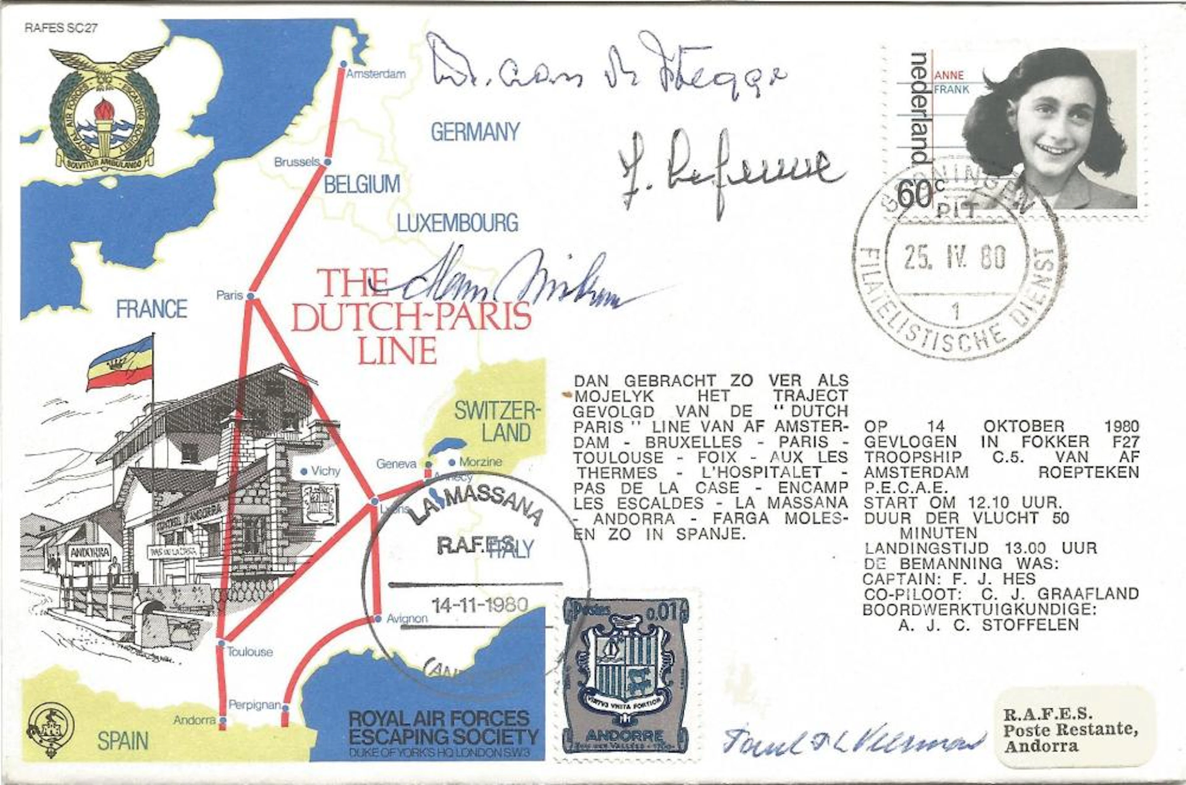 RAF Escaping Society cover dedicated to the Dutch-Paris Line, signed by FOUR veterans of the line,