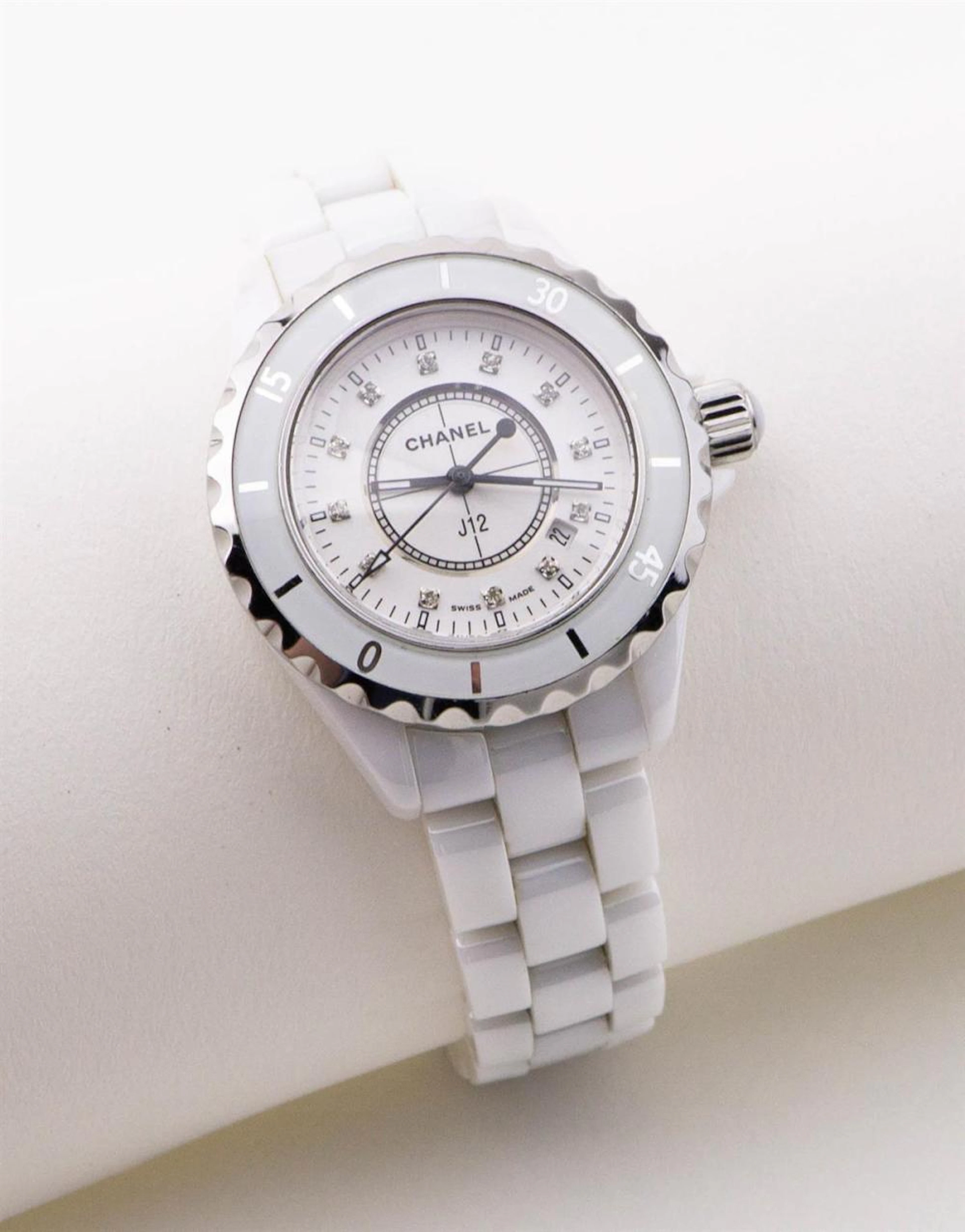 CHANEL J-12 WHITE CERAMIC AND DIAMOND WATCH