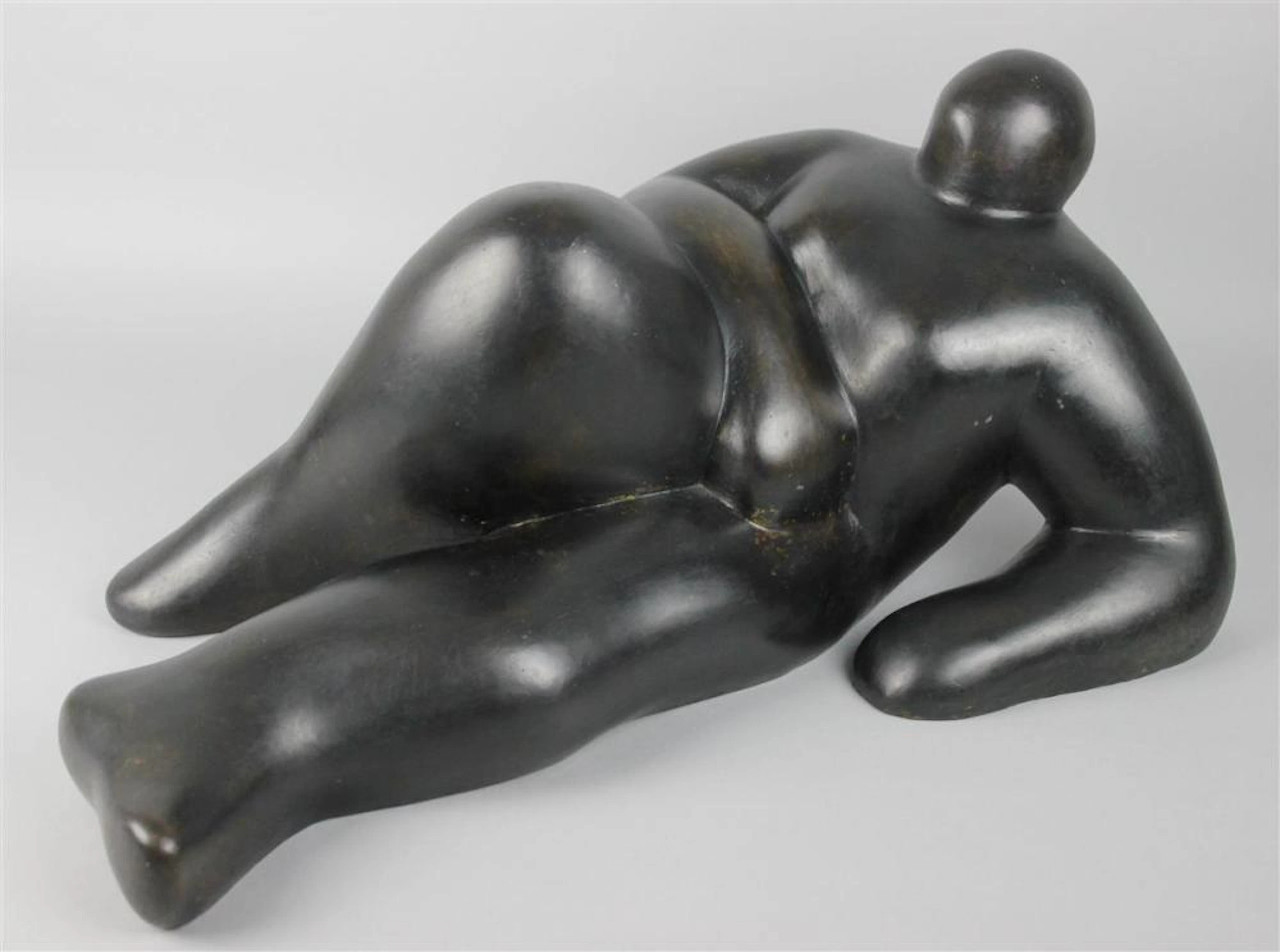 SOPHIA VARI (GREEK, 1940-) RECLINING FIGURE, 1980? Bronze, blue patina: 10 x 21 x 12 in.