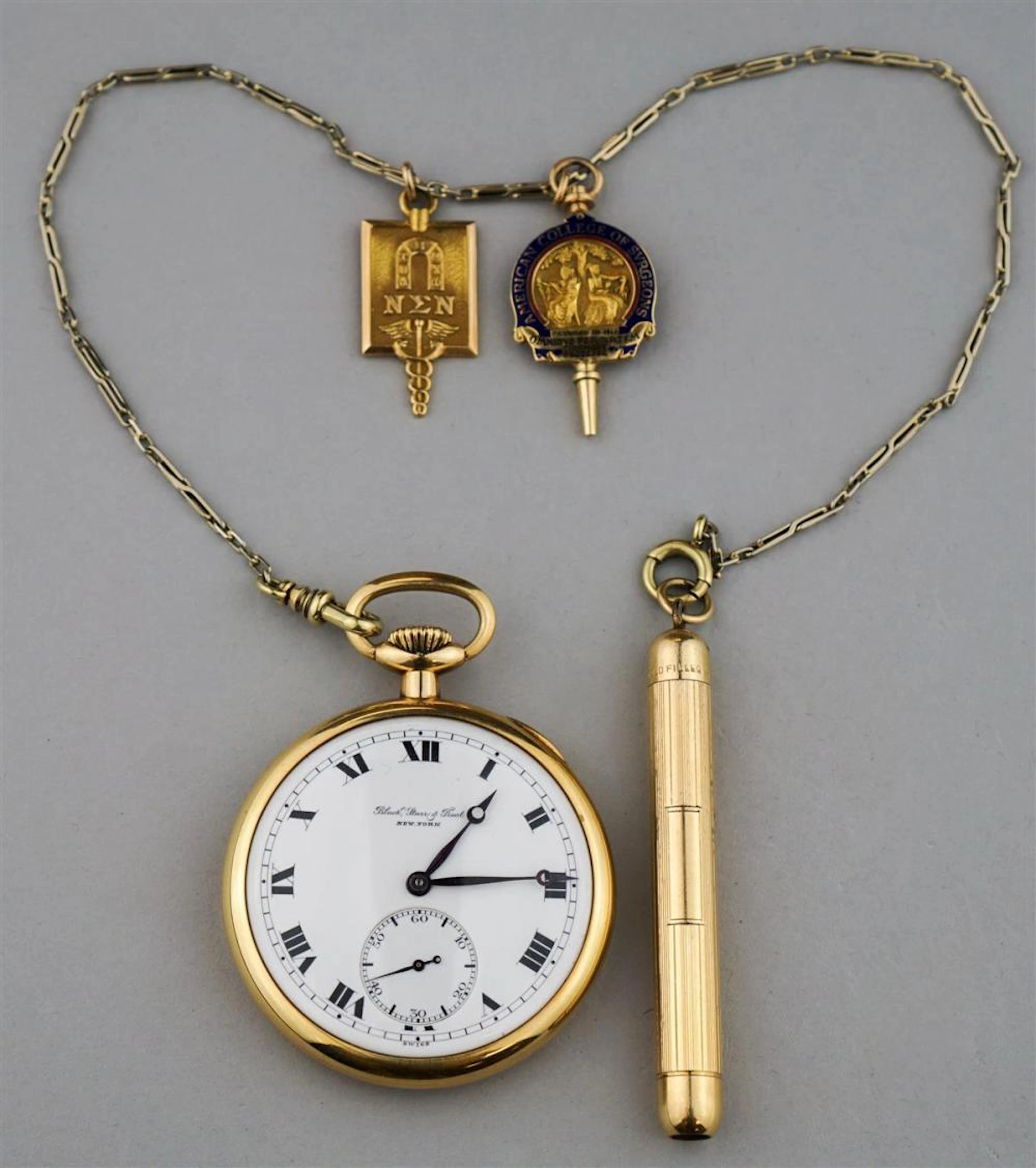 BLACK, STARR & FROST 18K YELLOW GOLD POCKETWATCH WITH CHAIN AND FOBS