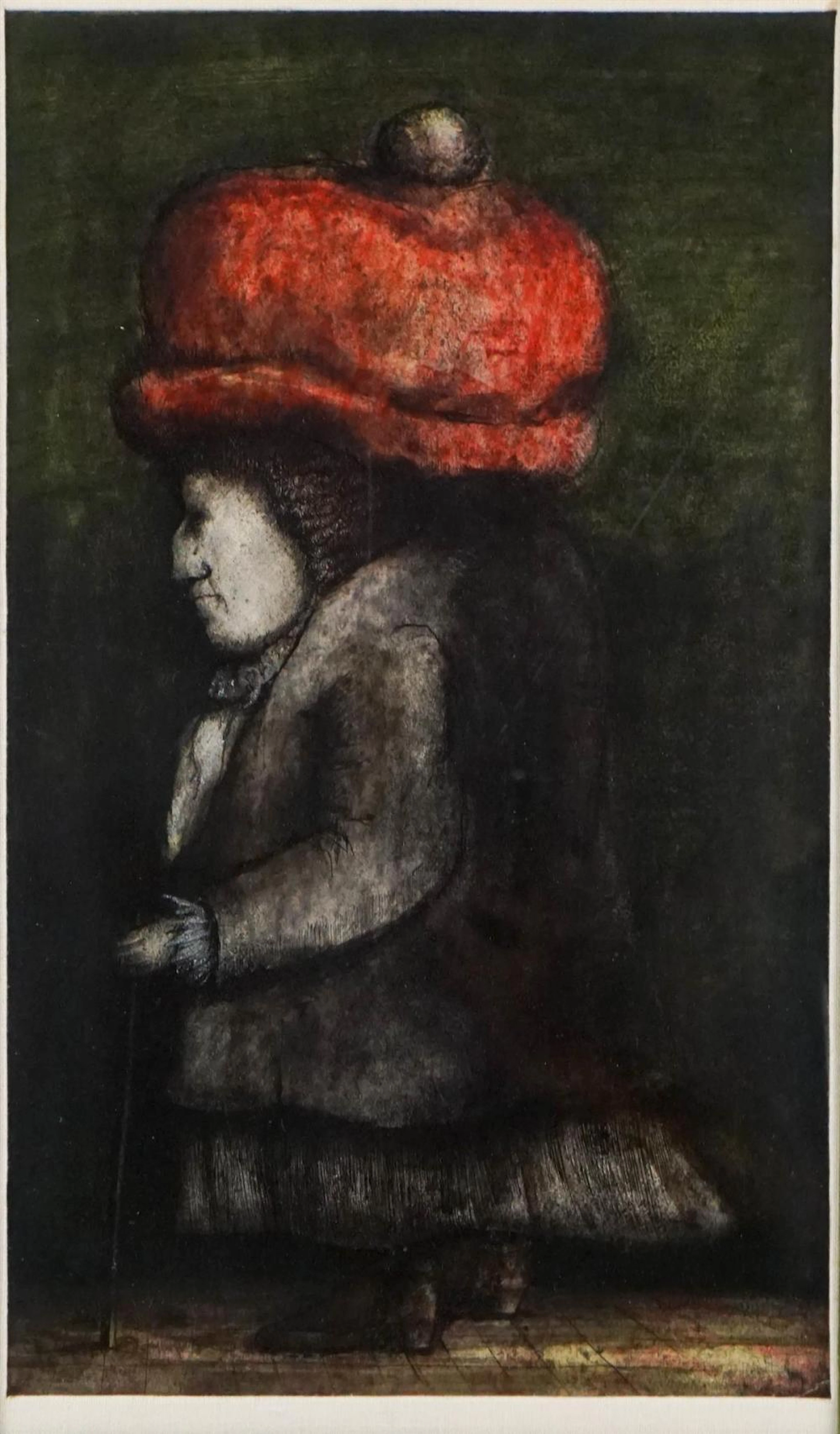 ANITA BUCHERER-GODEFFROY (GERMAN, B. 1902) FIGURE WITH RED HAT AND CANE Mixed media: 16 1/2 x 9 1/2 in. (sight)