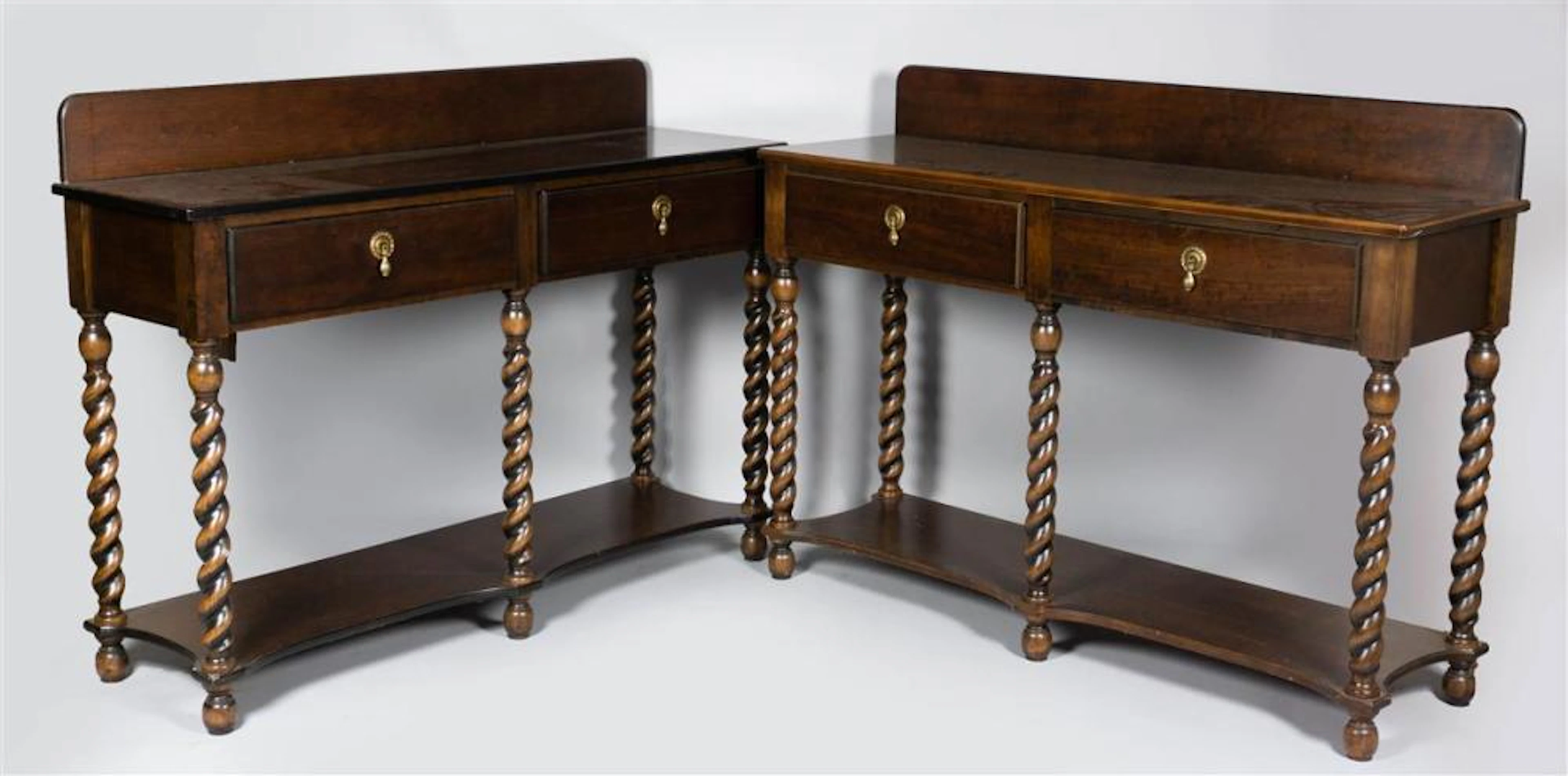 PAIR OF DARK BROWN SIDE TABLES OR DESKS WITH SPIRAL LEGS