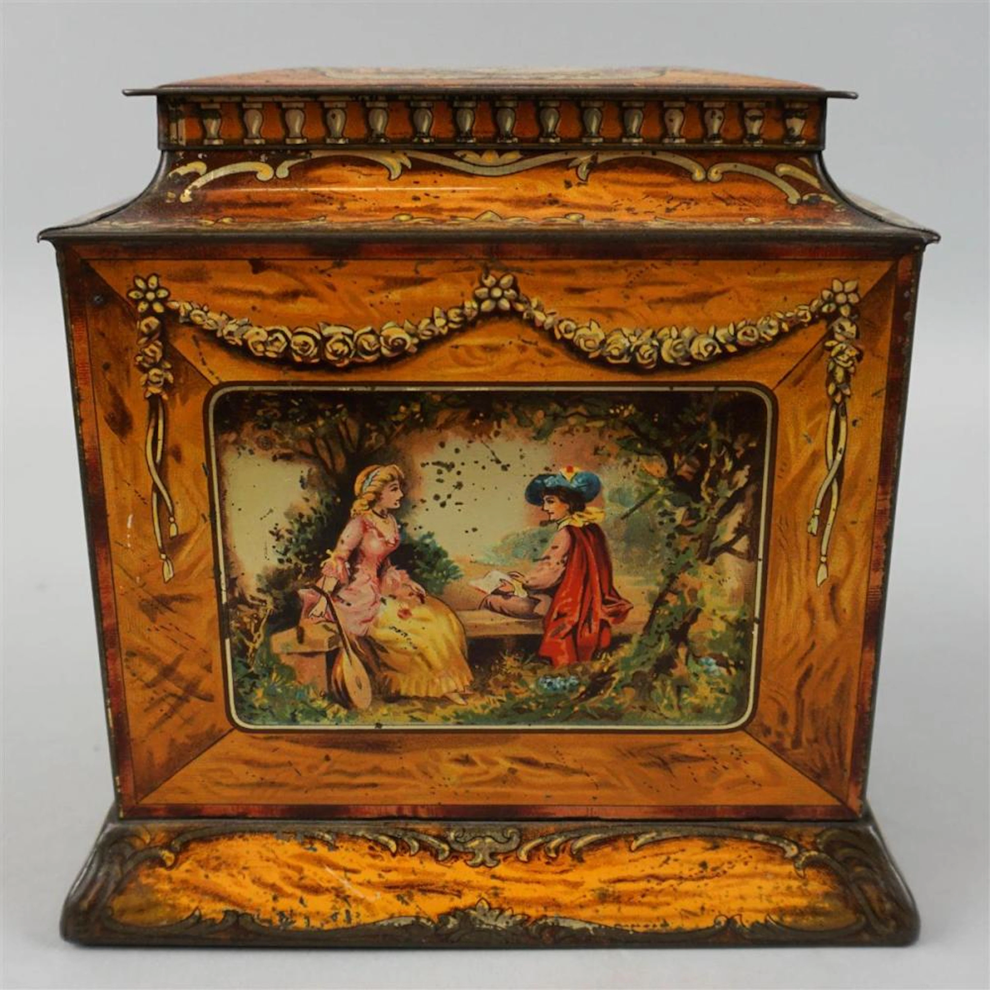ENGLISH BISCUIT TIN WITH SCENE 'HE OBTAINS, WHO MAINTAINS'