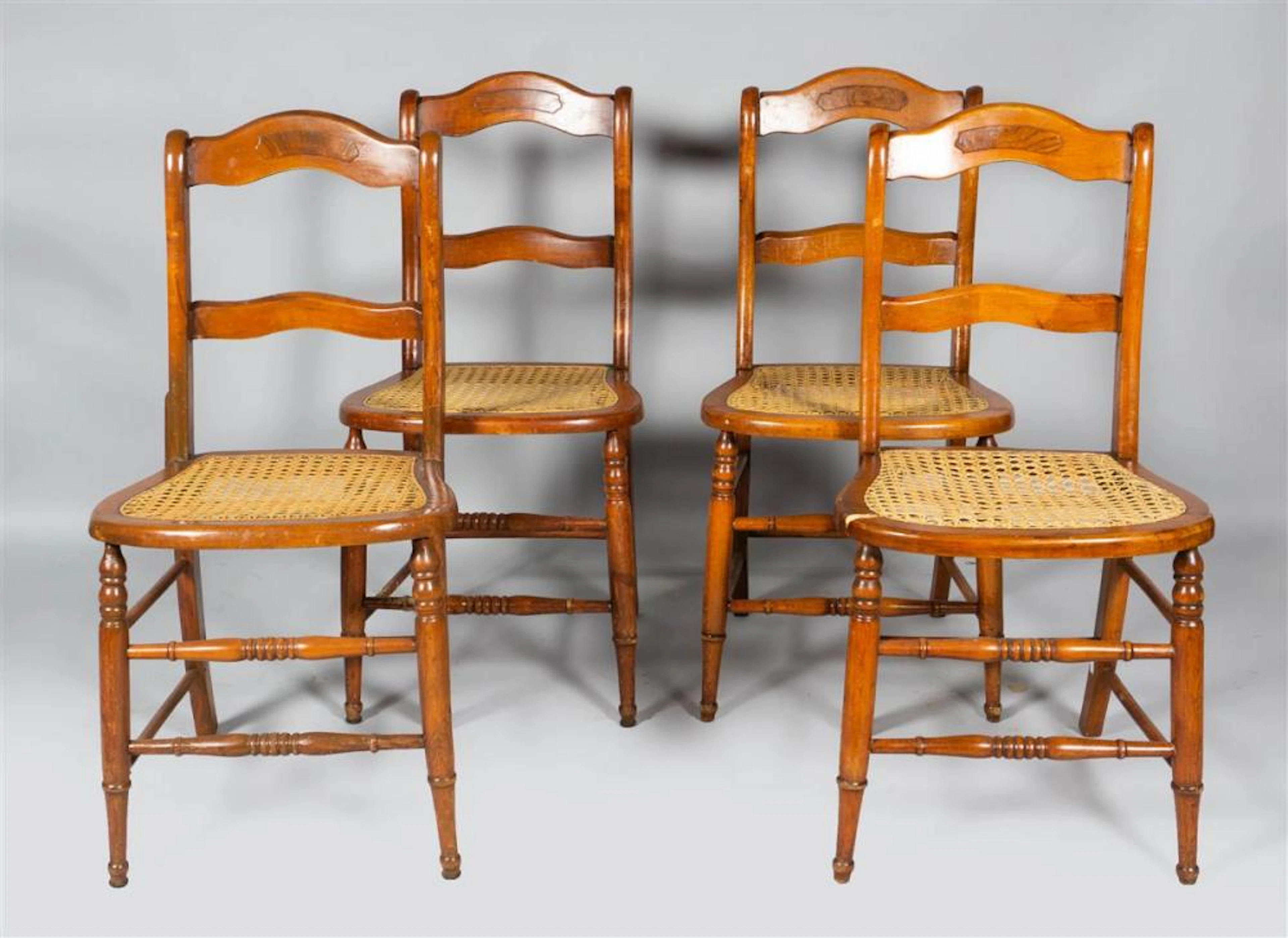 SET OF FOUR SMALL WOODEN WICKER CHAIRS
